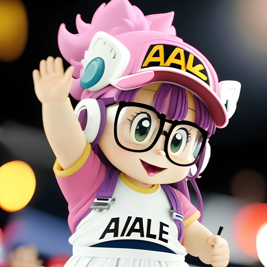 Arale-chan, anime-style, vibrant colors, dynamic action, detailed eyes, lively pose, cute outfit, playful expression, colorful background, high-res artwork, bokeh, soft lighting