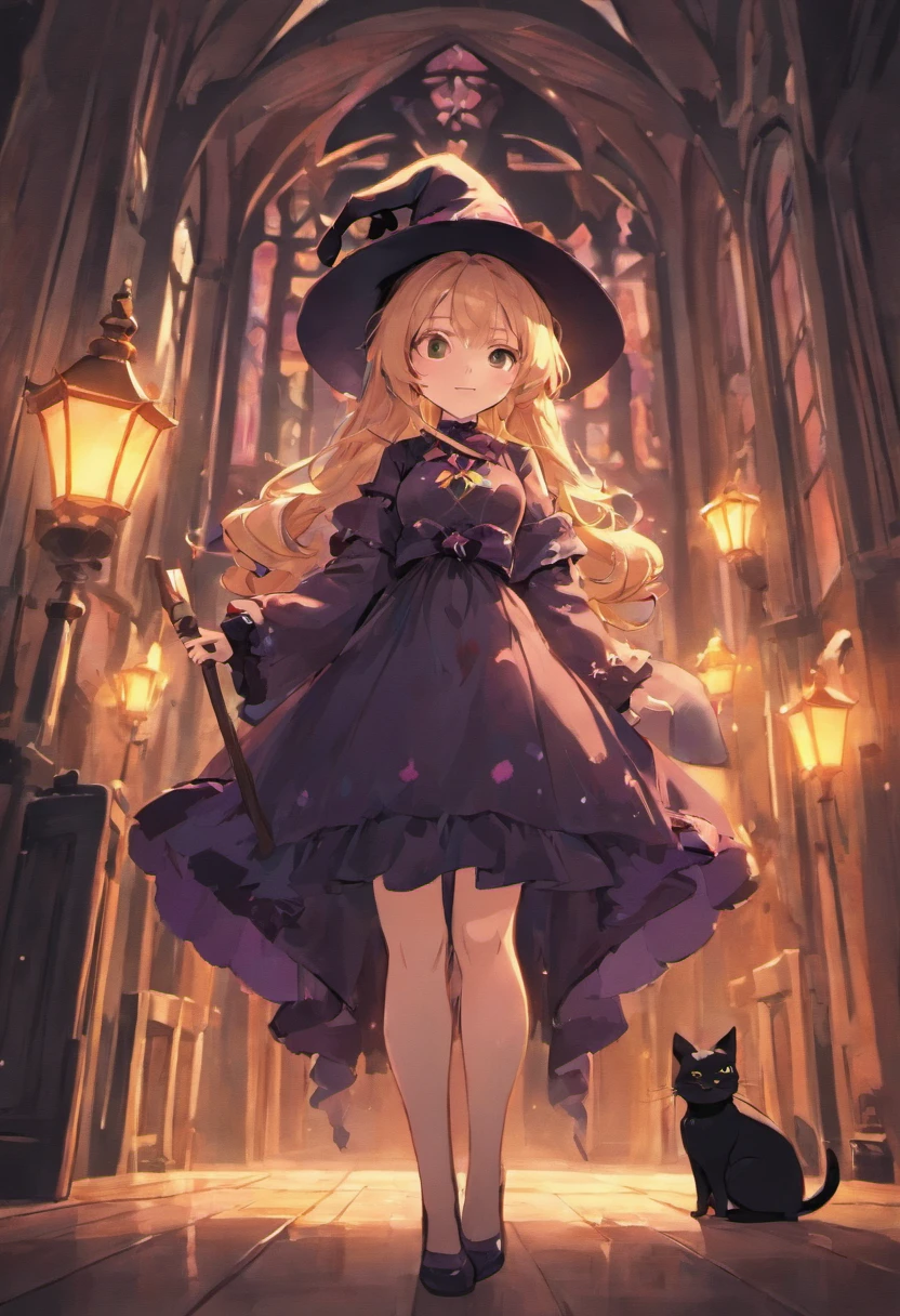 cinematic, cute witch girl, full body, a big witch hat, a black cat sitting behind her feet , Holding with the broom her left hand ,camellia,,smile,illustration,paper art,3D render