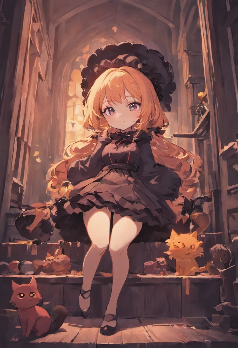 cinematic, cute witch girl, full body, a big witch hat, a black cat sitting behind her feet , Holding with the broom her left hand ,camellia,,smile,illustration,paper art,3D render