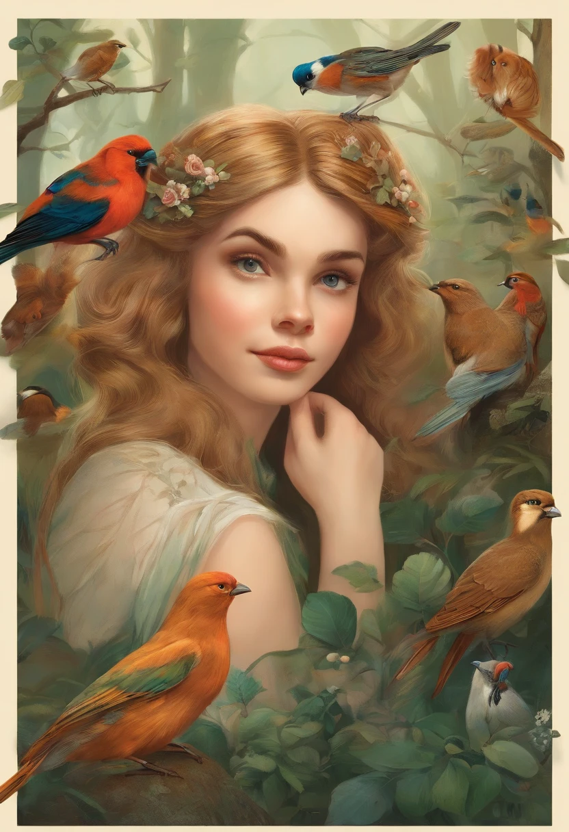 Make an illustration for a fairy tale about a girl talking to animals and birds