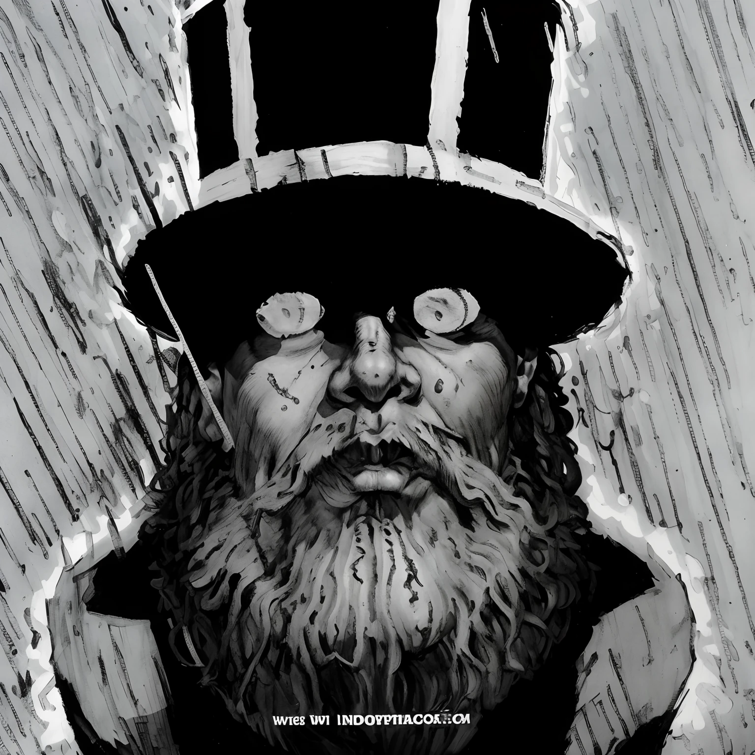 There's a man with a top hat and a beard, barba preta, he is wearing a top hat, high contrast illustration, archwizzard in a hat, Chapeleiro, inspirado por Joseph Clement Coll, Arte conceitual escura de alto contraste, Negro, desenhado em um estilo neo - noir, O Madhatter, quadrinhos ocidentais inspirados, it is raining heavily. epic, sombrio.