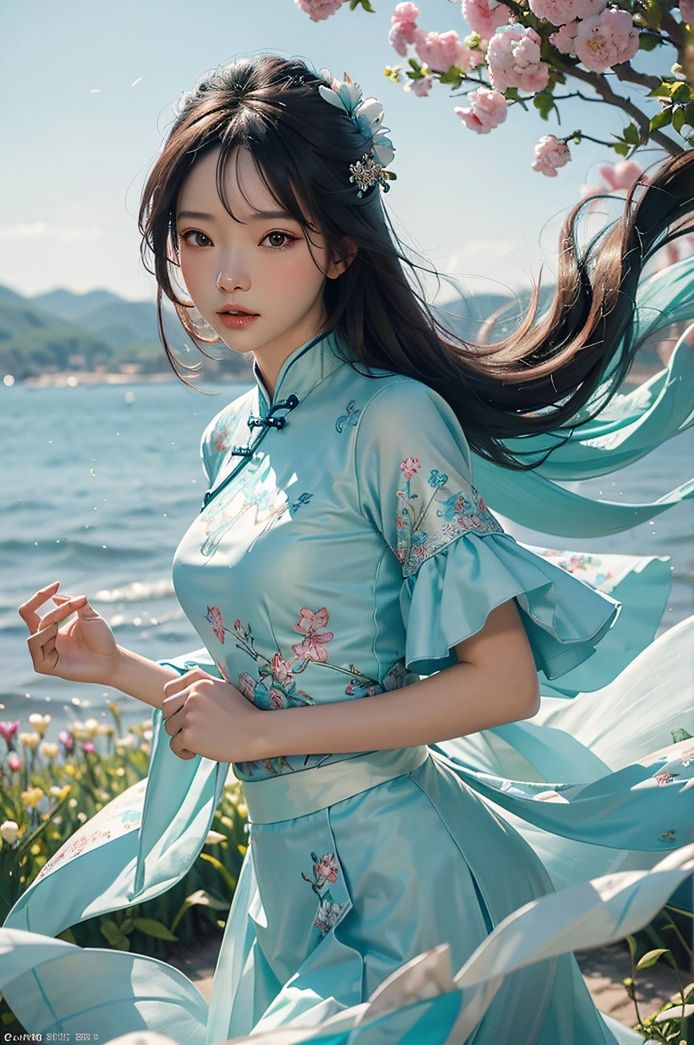 Chinese beauty in cyan clothes，Refined looks，Fairy air fluttering，The gauze skirt flew up，Take photos in a sea of flowers，ultra-realistic realism，color field printing，high detal，hyper HD，anatomy correct，cinematic lighting 4d quality