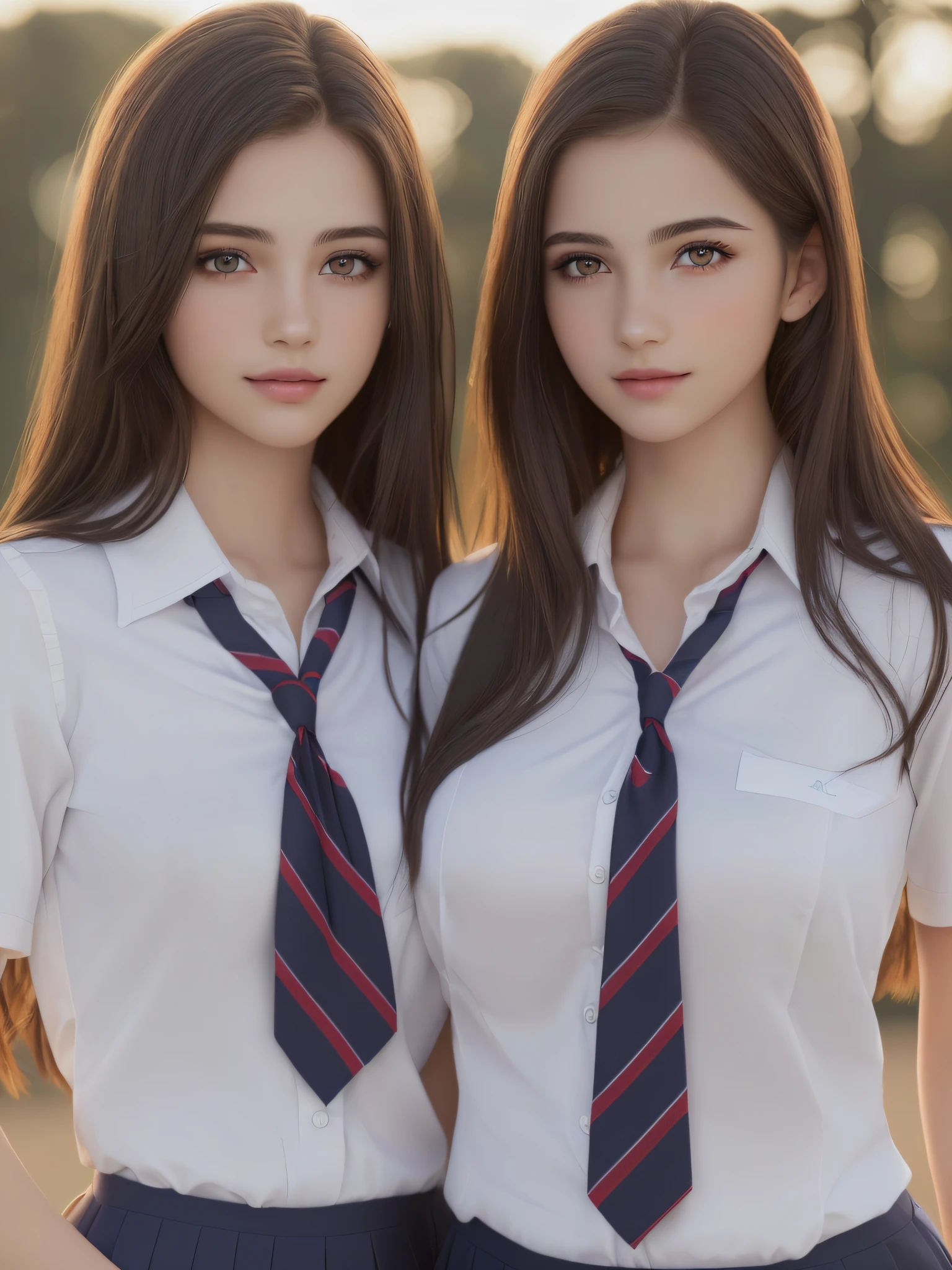(2girls:1.2), (Ultra realistic, high res), (highly detailed eyes, highly detailed hair, highly detailed face, highly detailed plump lips), (hi-school uniform:1.3), (hi-school uniform with wide open chest:1.3), caute smile, (best quality:1.4), Raw photo, (realistic, photo-realistic:1.37), professional photography, cinematic light, (fine face: 1.2),