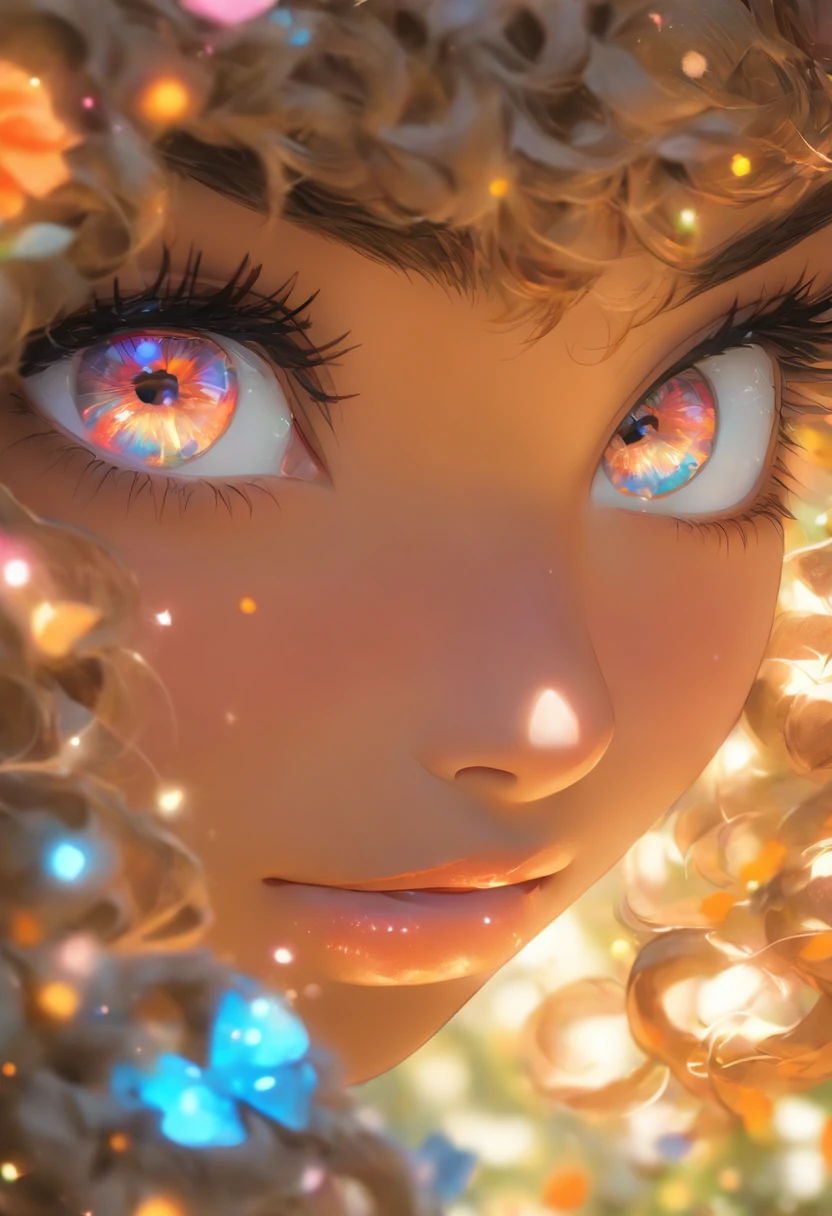 beautiful detailed eyes,beautiful detailed lips,extremely detailed eyes and face,longeyelashes,portrait,photography,highres,best quality,ultra-detailed,professional,vivid colors,soft lighting,black girl,curly hair,fashionable style,confident expression,stylish outfit,sparkle earrings,summer garden,floral background,bokeh