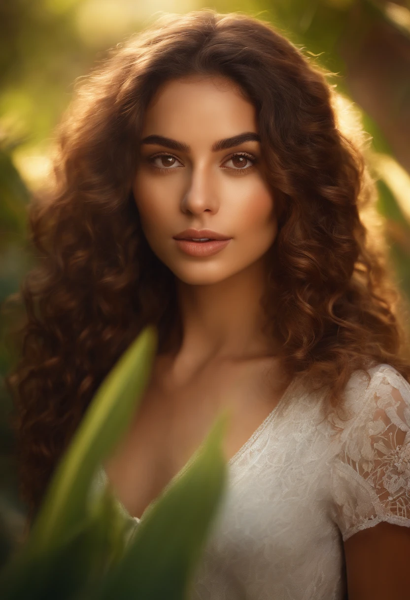 (Brown Brazilian Girl,pretty,Sexy,medium size),oil painting,Detailed eyes and lips,Fashionable outfit,long curly hair,Standing in a lush garden,bright sunlight, bright colours, Warm tones, with bokeh effect. (Best Quality, hight resolution, Masterpace:1.2),physical based rendering,ultra-fine painting,professional portrait,with a touch of surrealism.