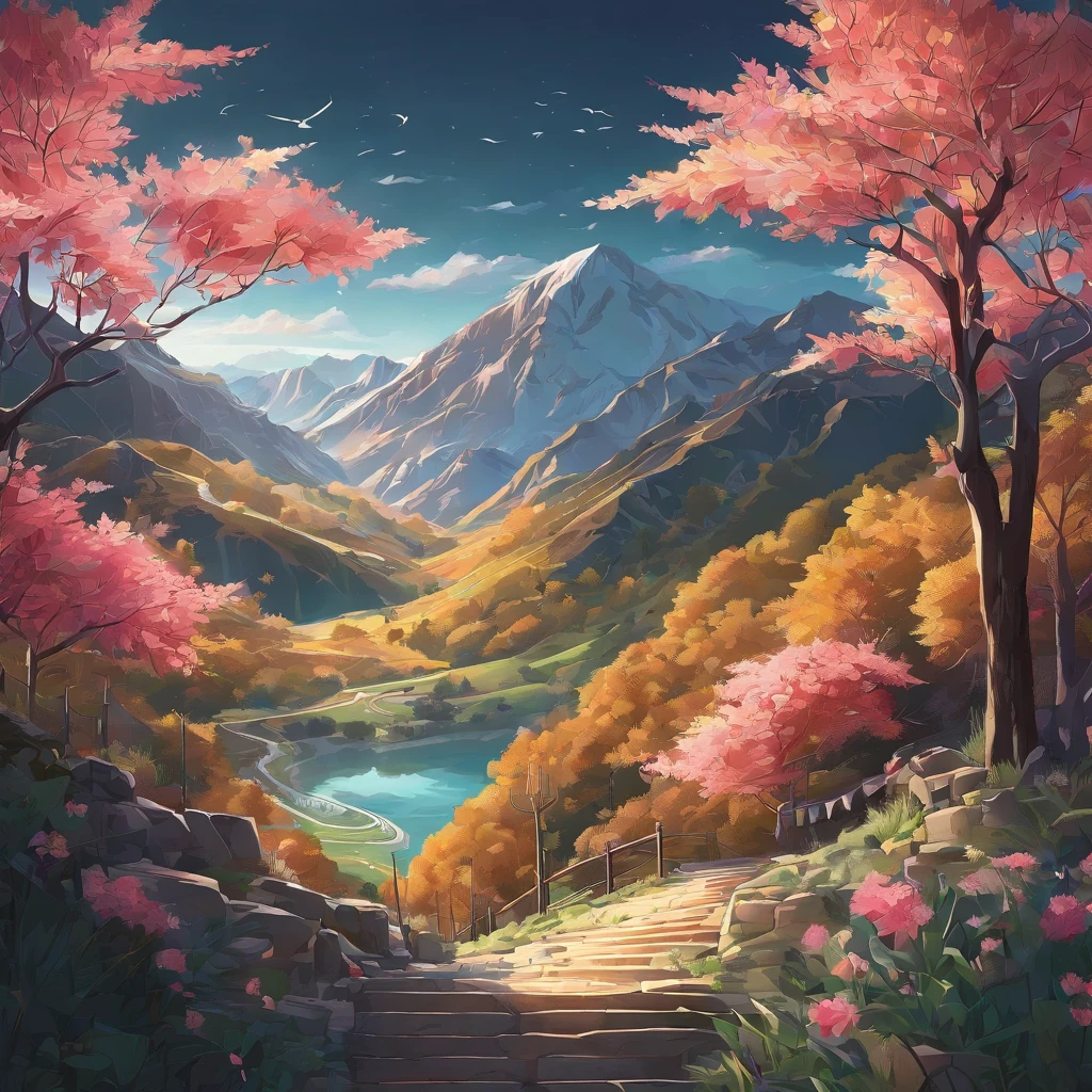 Alpine forest landscape photography，Rugged mountain roads，Clear and transparent lake，the trees，bushes，falling leaf，sun at dawn，Blurred vision，Cliffs and mountains，desolated，Aloneness，Cold，foggy sky，Not dazzling morning sun，Nightmare vision，Dark fantasy plot，Perfect and excellent composition，8K分辨率，the detail，limitations，Close-up ultra-wide angle shot，realisticlying，stunning skies,Colorful clouds float，true to life, Pubic area is clear, flawless perfection, Digital SLR, 1024, 2048, 4096, A detailed, Sharp, best qualtiy, high qulity, absurderes，unmanned background，The is very detailed、Detailed lighting shadows，Trends on ArtStation、iintricate、high detal、dramatics、（Volumetriclighting：1.2）hdr shot。（Close-up，Super deep view，ultra-wide-angle，Microfocal length lens：1.2）（realisticlying：1.4）tmasterpiece、high high quality、Beautiful photography，globalillumination