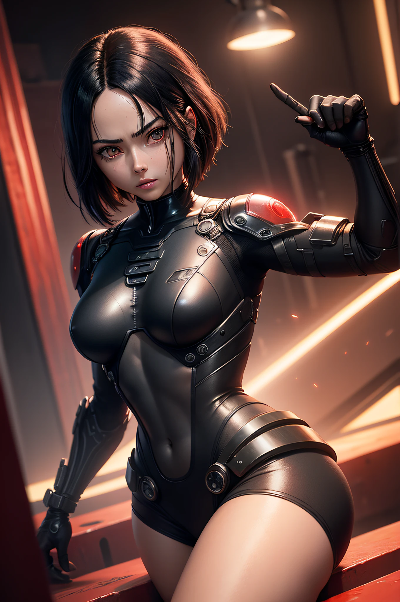 a science fiction film、Alita Battle Angel、、The main character girl、Body Cyborg Black Bodysuit、Red paint under the eyes