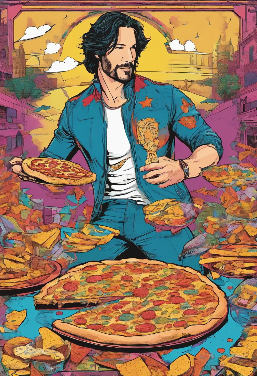 Keanu Reeves,araffe man standing on a sidewalk eating a slice of pizza, a statue by Alvan Fisher, featured on reddit, happening, chris pratt as a potato chip, chris evans with a beer belly, holding a baguette, ryan gosling as roman statue, taken in the late 2010s, chris evans hatches from an egg,16k.