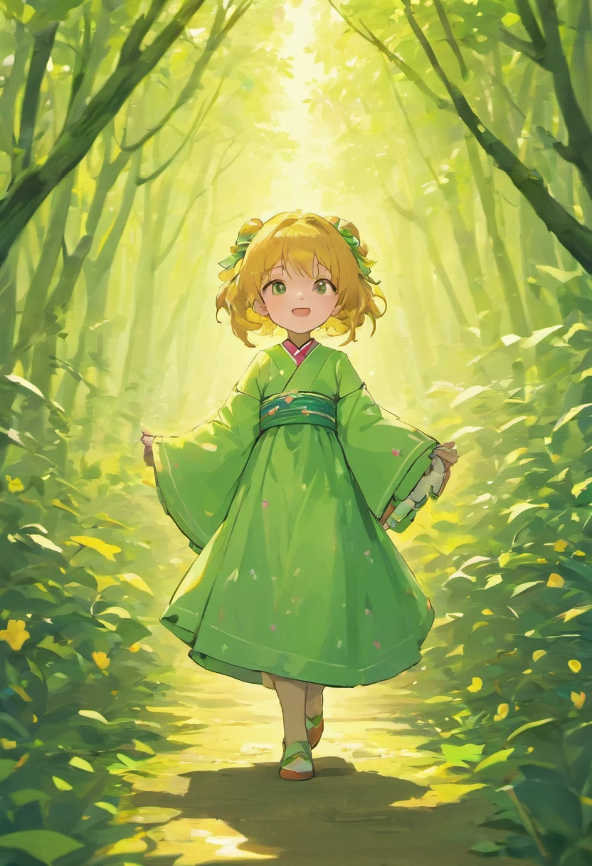 cinematic angle, cute female ,full body,camellia,Hanfu,smile,illustration,paper art,3D render, green forest