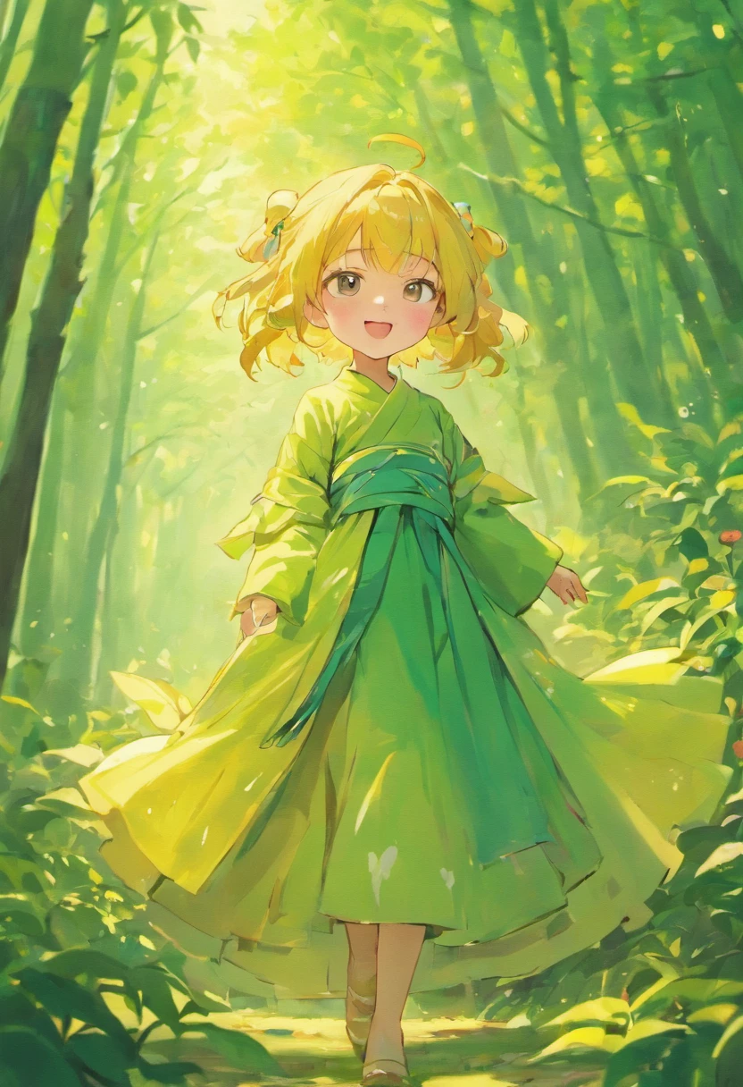 cinematic angle, cute female ,full body,camellia,Hanfu,smile,illustration,paper art,3D render, green forest