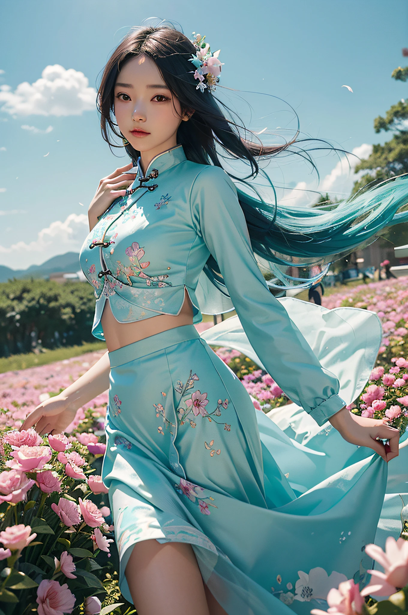 Chinese beauty in cyan clothes，Refined looks，Fairy air fluttering，The gauze skirt flew up，Take photos in a sea of flowers，ultra-realistic realism，color field printing，high detal，hyper HD，anatomy correct，cinematic lighting 4d quality