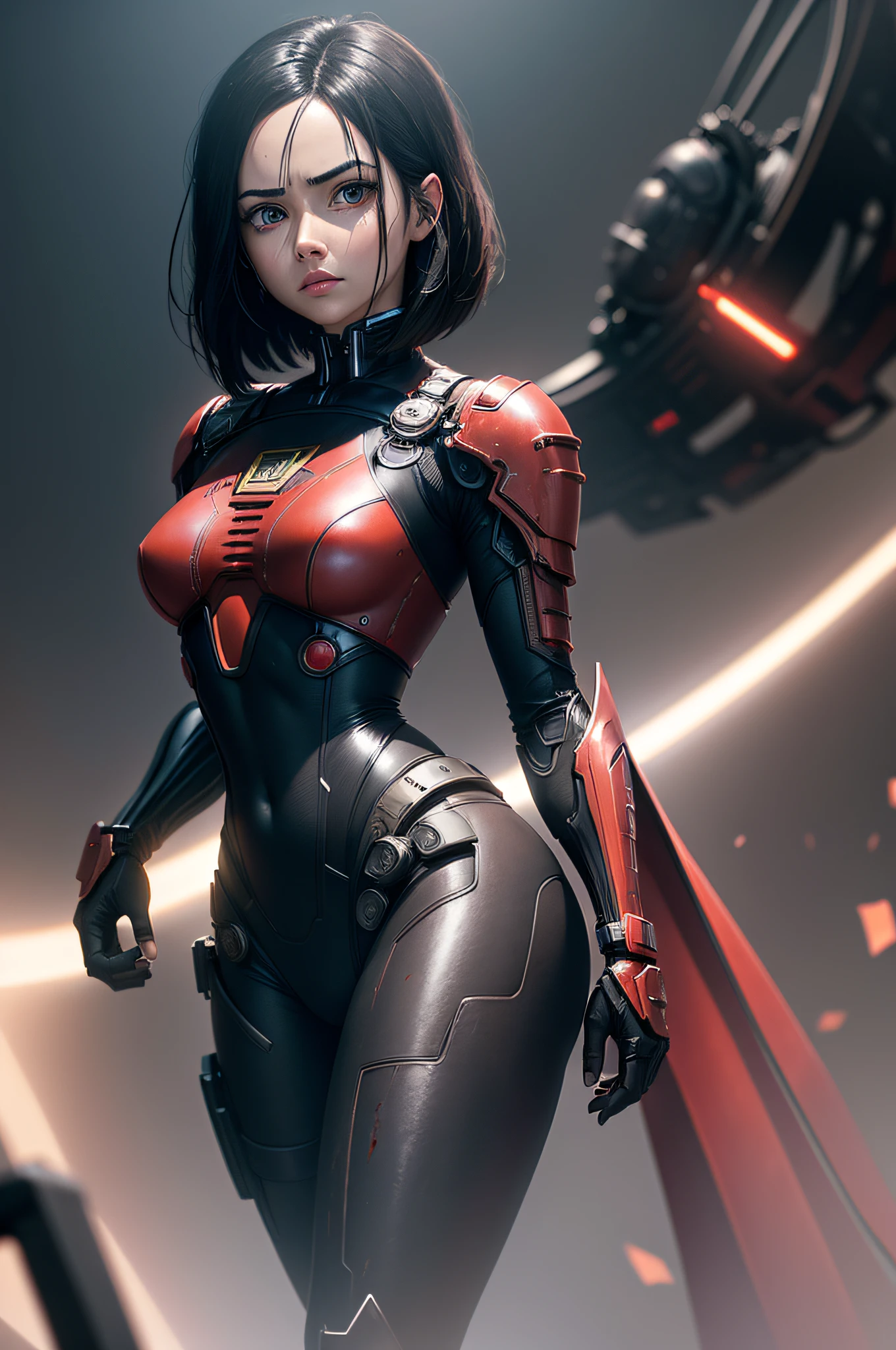 a science fiction film、Alita　Battle Angel、、The main character girl、Body Cyborg Black Bodysuit、Red paint under the eyes