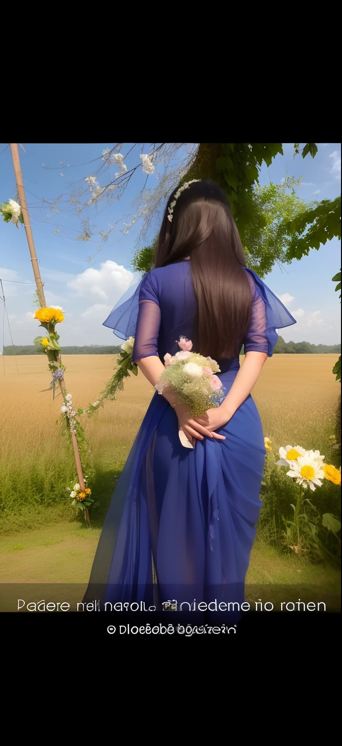 there is a woman in a blue dress holding a bouquet of flowers, holding flowers, with flowers, assamese aesthetic, amidst nature, in a field with flowers, carrying flowers, holding magic flowers, standing in a field with flowers, photoshoot, photo still of behind view, with lovely look, holding a flower, medium shot taken from behind
