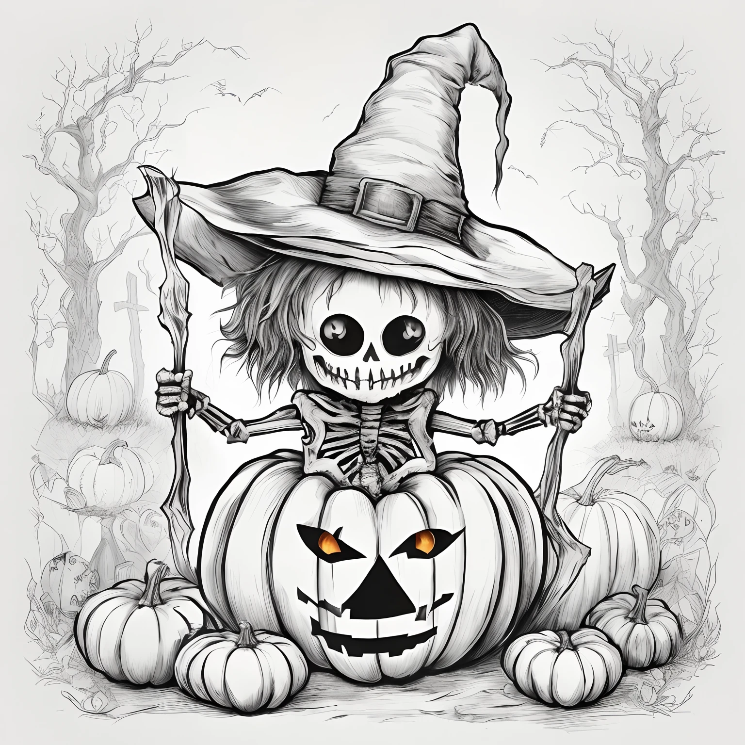 arafed skeleton in a witch hat sitting on a pumpkin, cute skeleton, halloween art style, pumpkin head, mcbess illustration, scary detailed art in color, scarry but bewitching, skeleton with eyes, detailed art, halloween celebration, halloween scene, jack - o'- lantern, scarecrow, halloween theme, halloween atmosphere, 3 0, highly detailed illustration