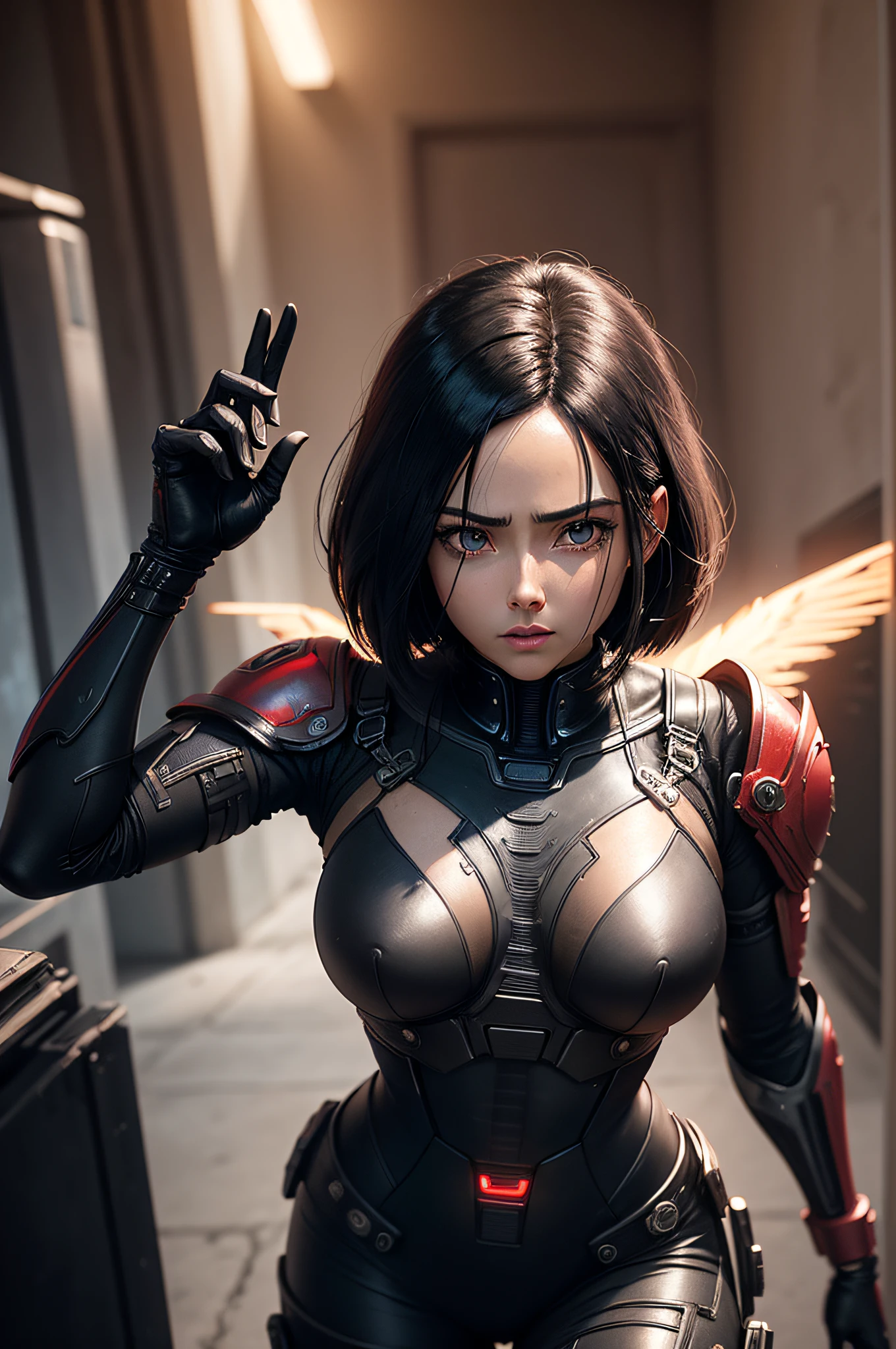 a science fiction film、Alita Battle Angel、、The main character girl、Body Cyborg Black Bodysuit、Red paint under the eyes