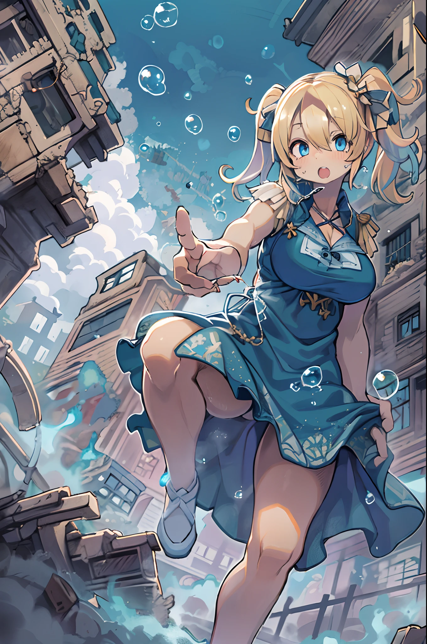 masutepiece, Best Quality, Bubbles, Blue Dress, blonde pigtails hair, Pretty Face, insanely detailed eyes, intense look, Fighting Pose, Destroyed city, Distant fire, Rising smoke,