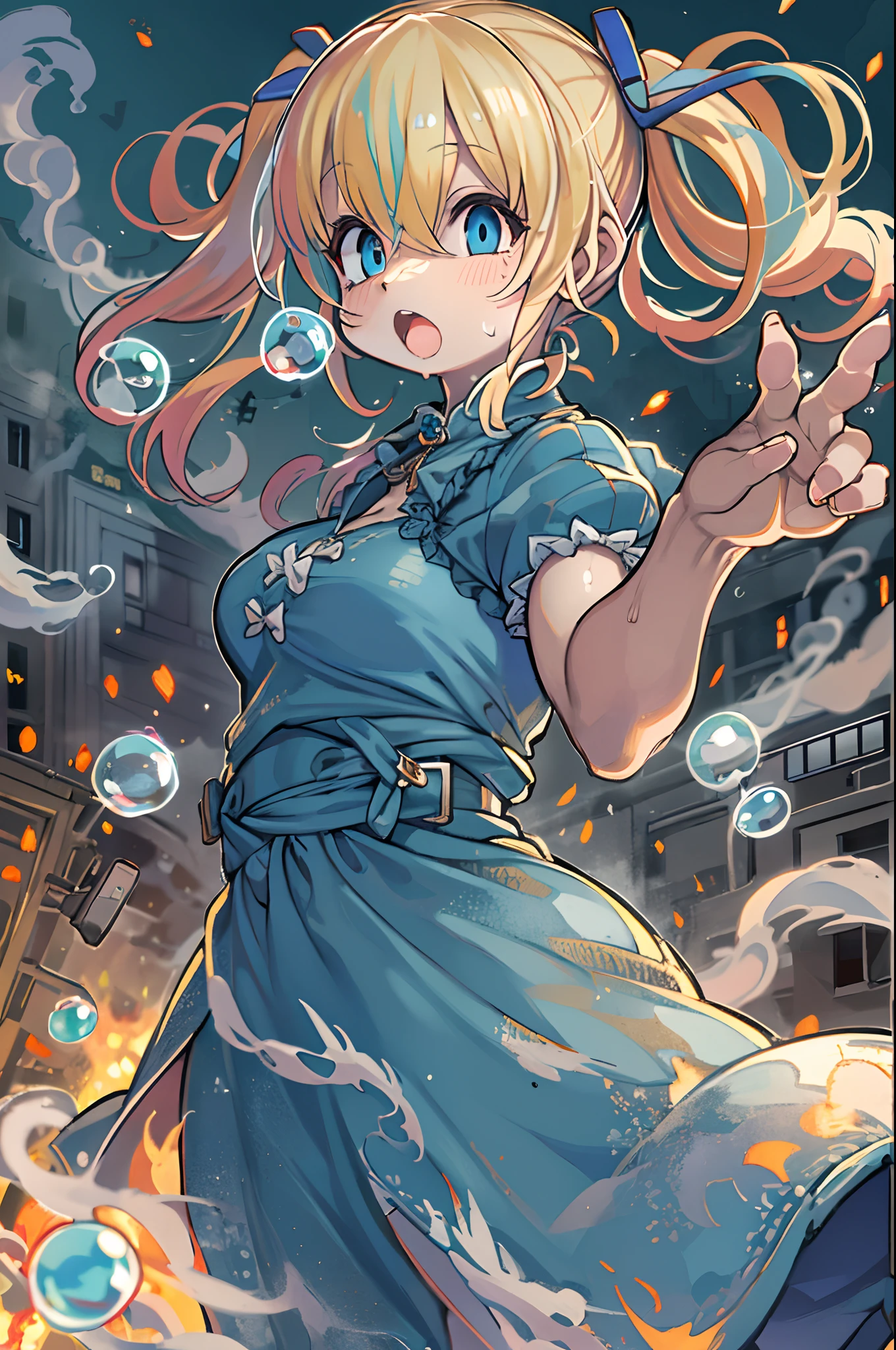 masutepiece, Best Quality, Bubbles, Blue Dress, blonde pigtails hair, Pretty Face, insanely detailed eyes, intense look, Fighting Pose, Destroyed city, Distant fire, Rising smoke,