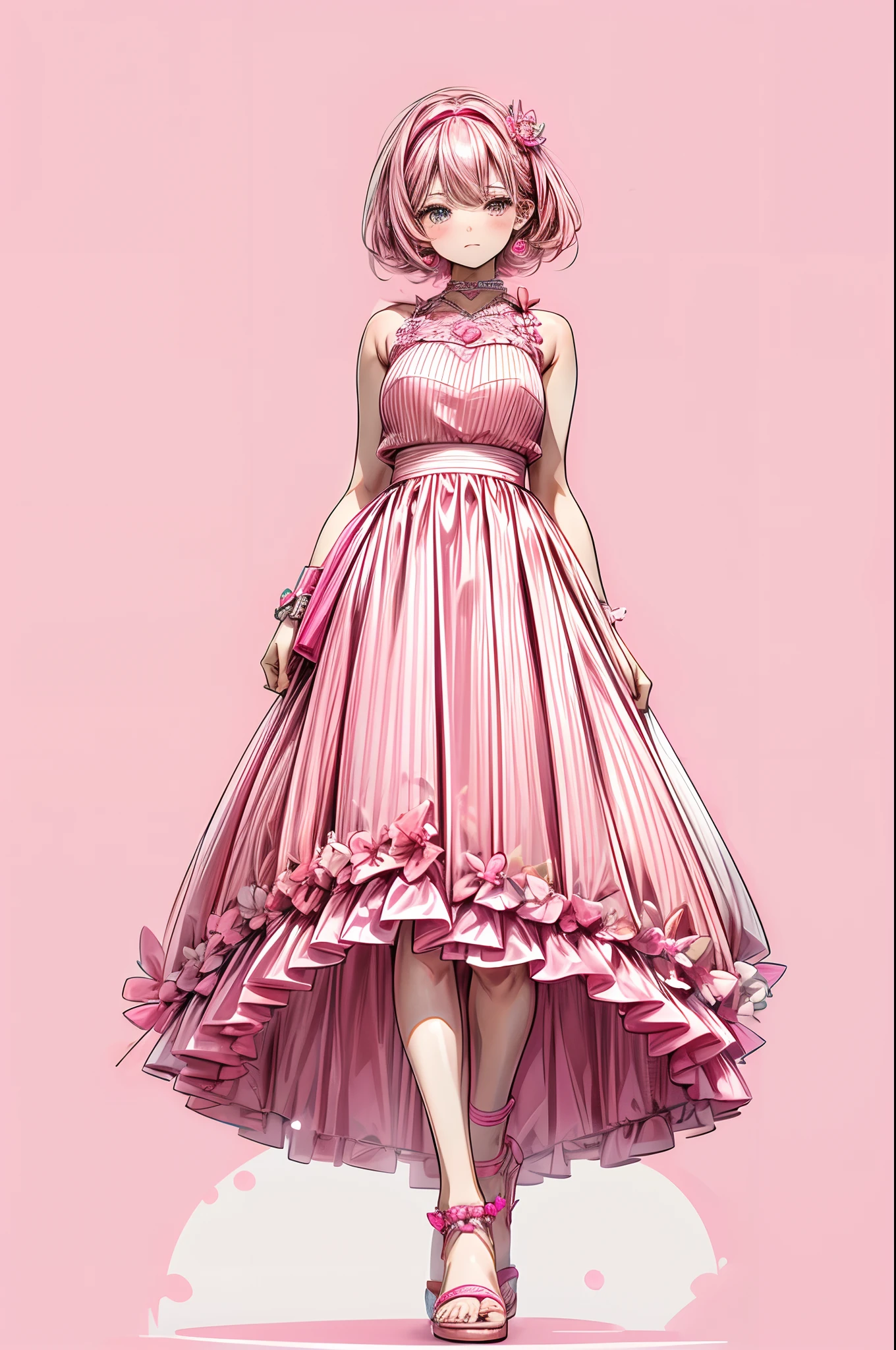 a woman in a pink dress and sandals poses for a picture, pink clothes, dressed in a pink dress, pink skirt, with soft pink colors, pink vibe, wearing a tanktop and skirt, wearing a pink dress, midi skirt, neon pink, pink halter top, pink and pink details, wearing a cropped tops, pink dress, wide skirts