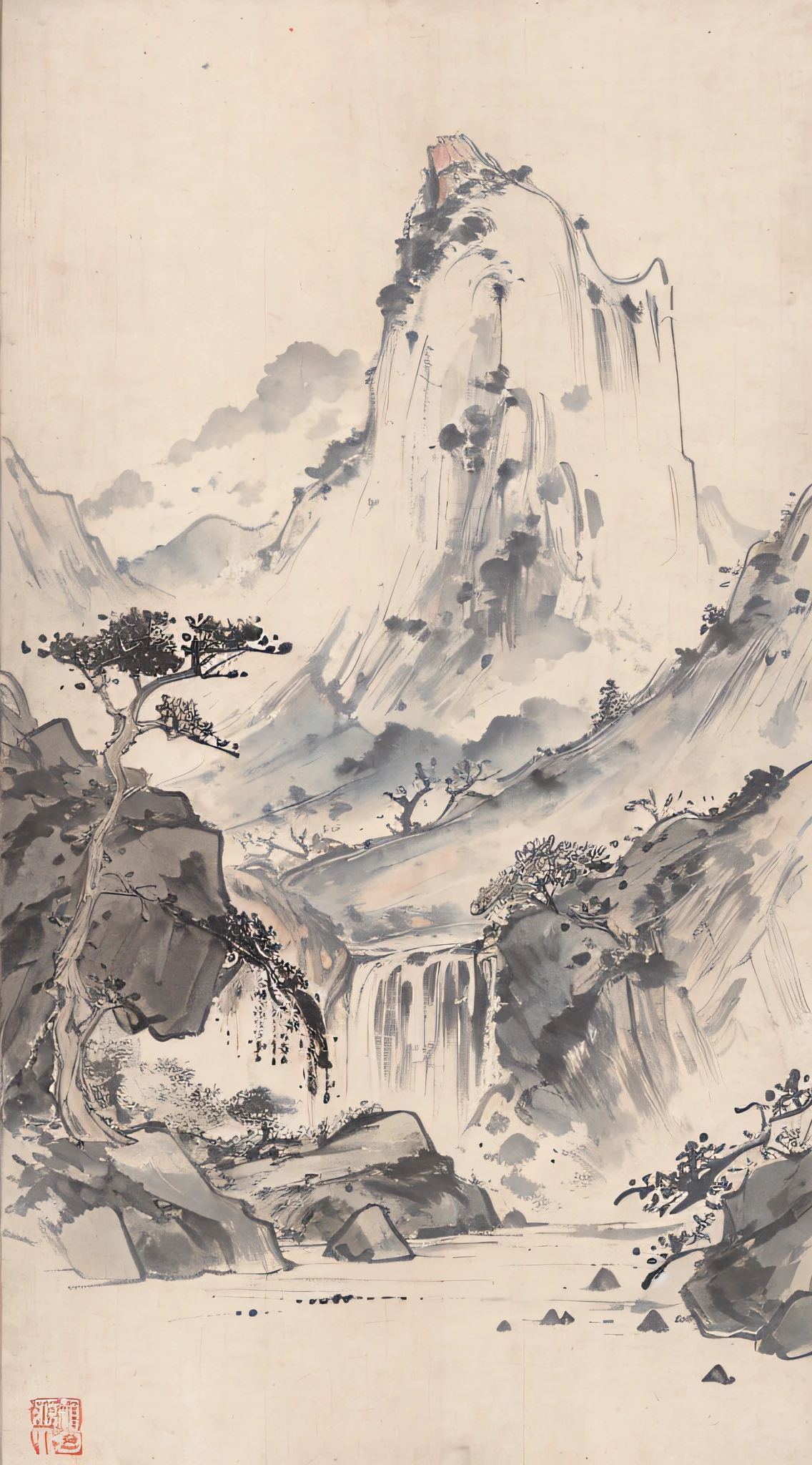 (tmasterpiece，best qualtiy：1.2），Tradition Chinese Ink Painting，A large waterfall between high mountains，choppy，mountain peaks，Mount Emei，buddhism