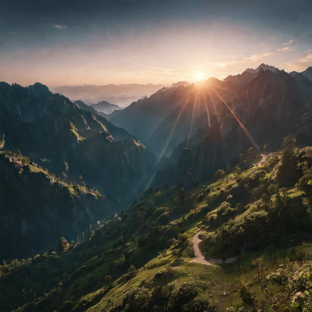 Alpine forest landscape photography,Rugged mountain roads,Clear and transparent lake,the trees,bushes,falling leaf,sun at dawn,Blurred vision,Cliffs and mountains,desolated,Aloneness,Cold,foggy sky,The morning sun that does not dazzle,Nightmare vision,Dark fantasy plot,Perfect and excellent composition,8K分辨率,the detail,limitations,Close-up ultra-wide angle shot,realisticlying,stunning skies,Colorful clouds float,true to life, Pubic area is clear, flawless perfection, Digital SLR, 1024, 2048, 4096, A detailed, Sharp, best qualtiy, high qulity, absurderes,unmanned background,The is very detailed、Detailed lighting shadows,Trends on ArtStation、iintricate、high detal、dramatics、(Volumetriclighting:1.2)hdr shot。(Close-up,Super deep view,ultra-wide-angle,Microfocal length lens:1.2)(realisticlying:1.4)tmasterpiece、high high quality、Beautiful photography,globalillumination