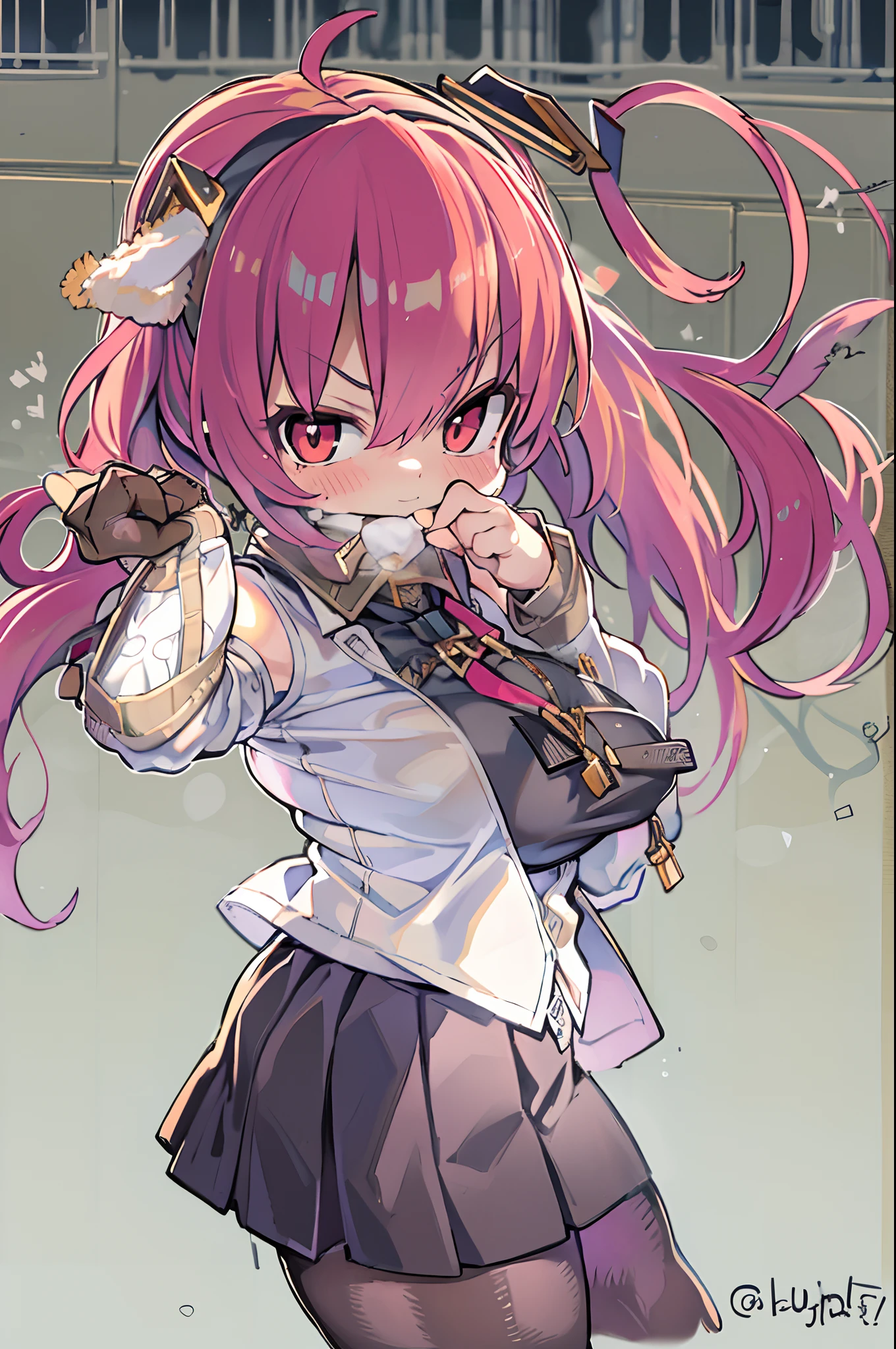 eris grayrat, 1girl in, Solo, Long hair, Ahoge, Red Eyes, Red hair, Bare shoulders,shairband, arms folded,blush, Skirt, black hairband, breasts, Detached sleeves,Bangs, hair between eye, Long sleeves, hair flaps, Closed mouth, Black skirt, Brown skirt, Shirt, crossed bangs, Very long hair, White shirt,Bium,Point to yourself,Shouting,angry,