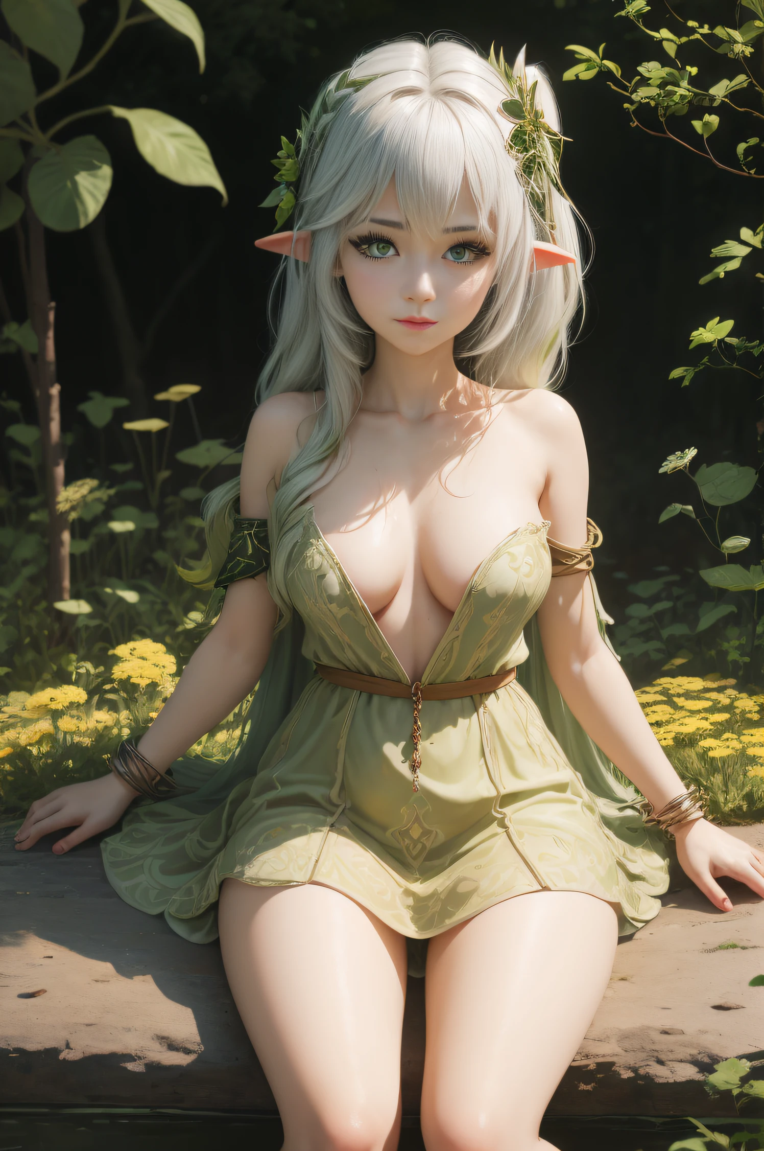 An adult girl sits in a field of dandelions and looks into the distance, pixie, elf ears, Beautiful elven ears, hairlong, High-quality beautiful eyes, beatiful face, High Quality Face, dark sky, Thin, Wet waist, Slender figure, Appearance of the model, confusion, sexuality, Cute beautiful anime woman, detailed digital anime art, beautiful anime girl, beautiful anime girl, Anime with small details, Best Quality, Masterpiece, Ultra-detailed, Beautiful, hight resolution, Original,CG 8K ультрареалистичный, perfect artwork, beatiful face, Face Clean, Skin, hyper realistic, Ultra Detailed, A detailed eye, dramatic lighting, (Realistic) Realistic, Full HD, Best Quality, Best Quality, Beautiful lighting, (8k wallpaper of extremely detailed CG unit), High Details, sharp-focus, The art of dramatic and photorealistic painting, beautiful smile, You can see the chest, naked breasts, naked ass,