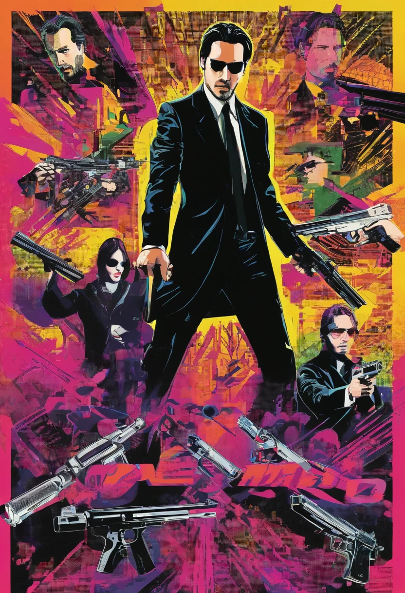 Keanu Reeves,The Arad man in a black suit was aimed at the gun, neo from the matrix, neo from matrix, 《The Matrix》cinematic Film still from, from matrix ( 1 9 9 9 ), from matrix(1999), 《The Matrix》Wires in the movie, Still from the matrix (1999), Movies with guns, action scene from the film, The style of the matrix,16k.
