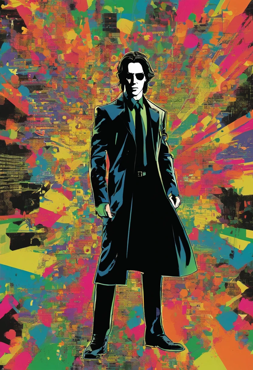 Keanu Reeves，The Arad man in a black suit was aimed at the gun, neo from the matrix, neo from matrix, 《The Matrix》cinematic Film still from, from matrix ( 1 9 9 9 ), from matrix(1999), 《The Matrix》Wires in the movie, Still from the matrix (1999), Movies with guns, action scene from the film, The style of the matrix，16k.