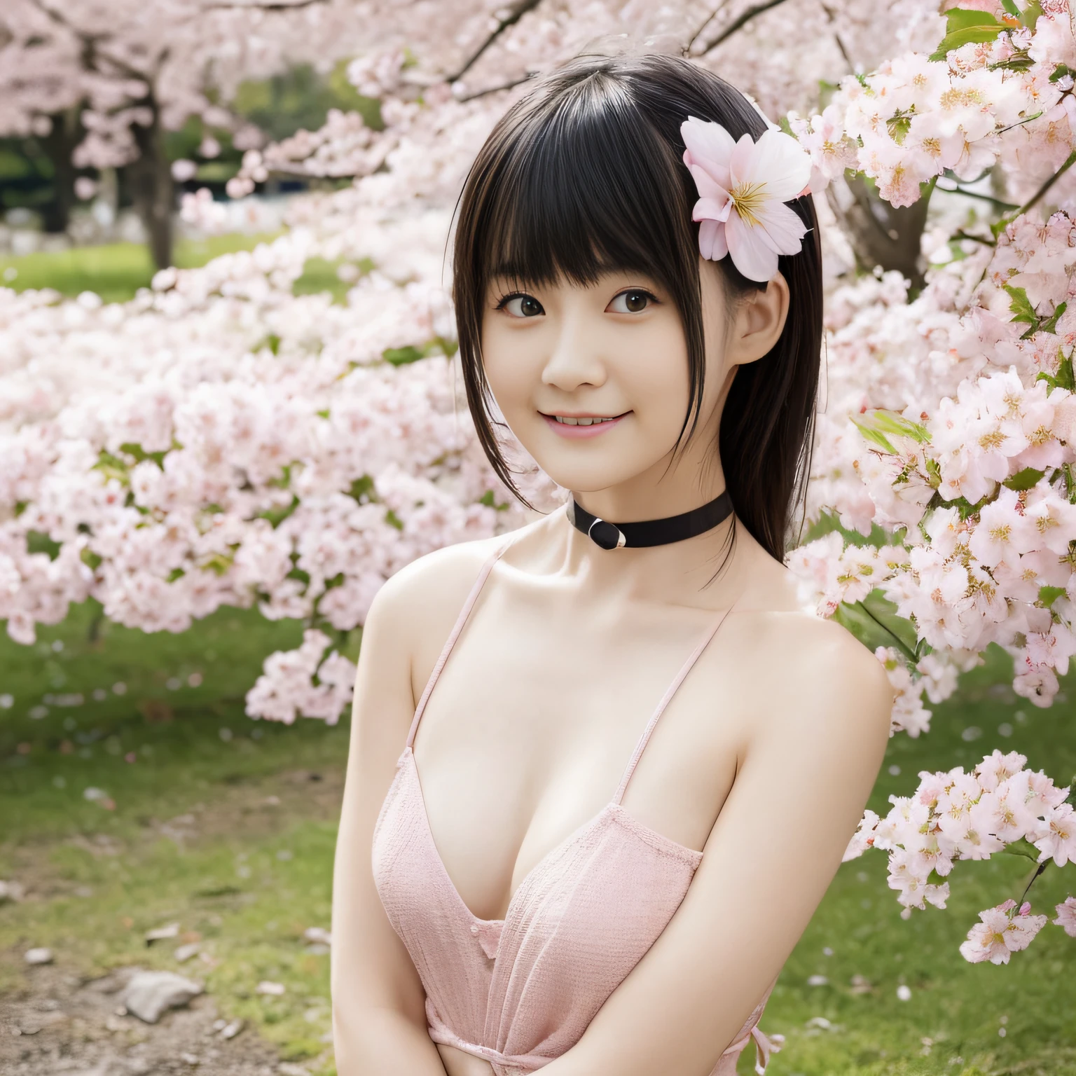 Best Quality, 超A high resolution, (Photorealistic:1.4), 1girl in, nude, tiny chest,Pink nipples, Black Choker, Smile, Bare shoulders, Solo Focus, Looking at Viewer,Fair skin,Sunset,cherry trees,Photon mapping, Physically-based rendering, Raw photo, Highly detailed background,Kpop Idol,depth of fields,torii,cherryblossom,Hair Ornament,Detailed face,Shiny skin,Game CG,Full body,