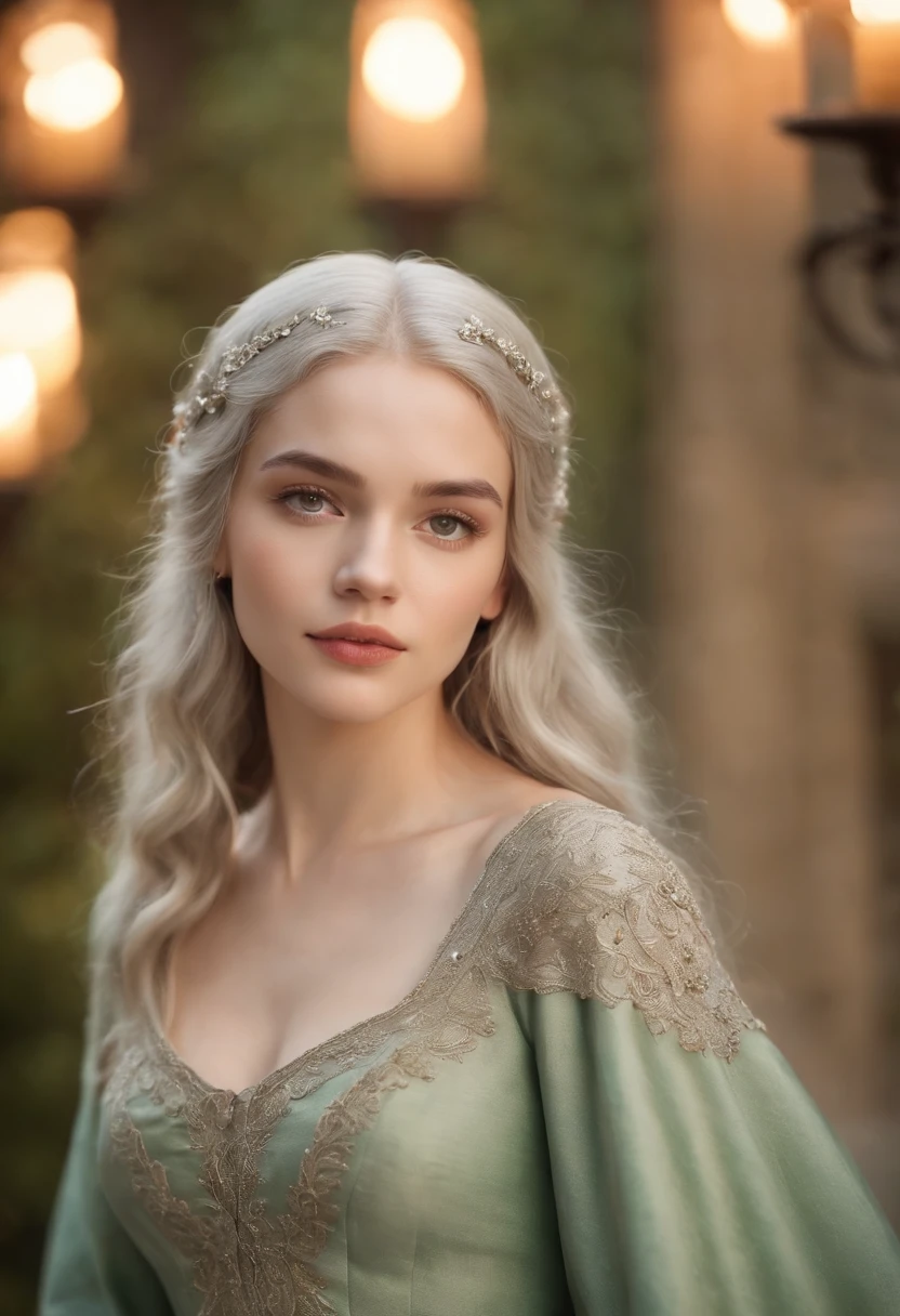 light skinned, Women around 19 years old, Natural gray hair, Distinctive green eyes, Wearing Cole, slender and graceful,, Beautiful, Candlelight in medieval atmosphere, Ultra Sharp Focus, realistic shot, Women's clothing in the Middle Ages, Tetradic color (Scar:1.4)、Beautie、Maria