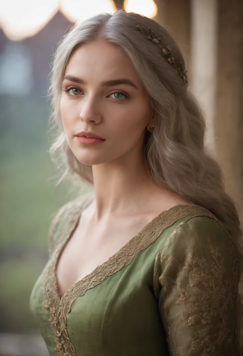 light skinned, Women around 19 years old, Natural gray hair, Distinctive green eyes, Wearing Cole, slender and graceful,, Beautiful, Candlelight in medieval atmosphere, Ultra Sharp Focus, realistic shot, Women's clothing in the Middle Ages, Tetradic color (Scar:1.4)、Beautie、Maria