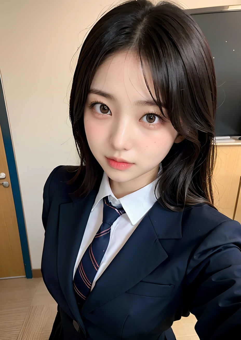 There is a woman taking a picture wearing a tie and skirt, japanese girl school uniform, aya takano color style, wearing japanese school uniform, hana yata, Ayaka, Sui Ishida, Aya Takano, Japan school uniform, Shiori Teshirogi, Ayami Kojima Amano, Rin, Erika Ikuta, Rei Hiroe、High School Classroom、Well-groomed eyes、sensual bodies、Uniform is wet with sweat、Extraordinary Beauty、