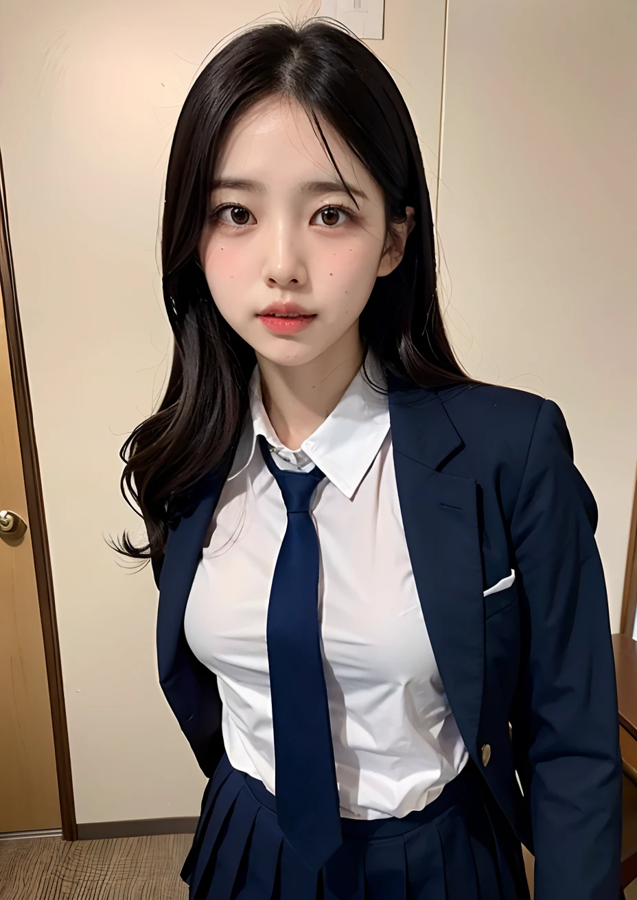 There is a woman taking a picture wearing a tie and skirt, japanese girl school uniform, aya takano color style, wearing japanese school uniform, hana yata, Ayaka, Sui Ishida, Aya Takano, Japan school uniform, Shiori Teshirogi, Ayami Kojima Amano, Rin, Erika Ikuta, Rei Hiroe、High School Classroom、Well-groomed eyes、sensual bodies、Uniform is wet with sweat、Extraordinary Beauty、