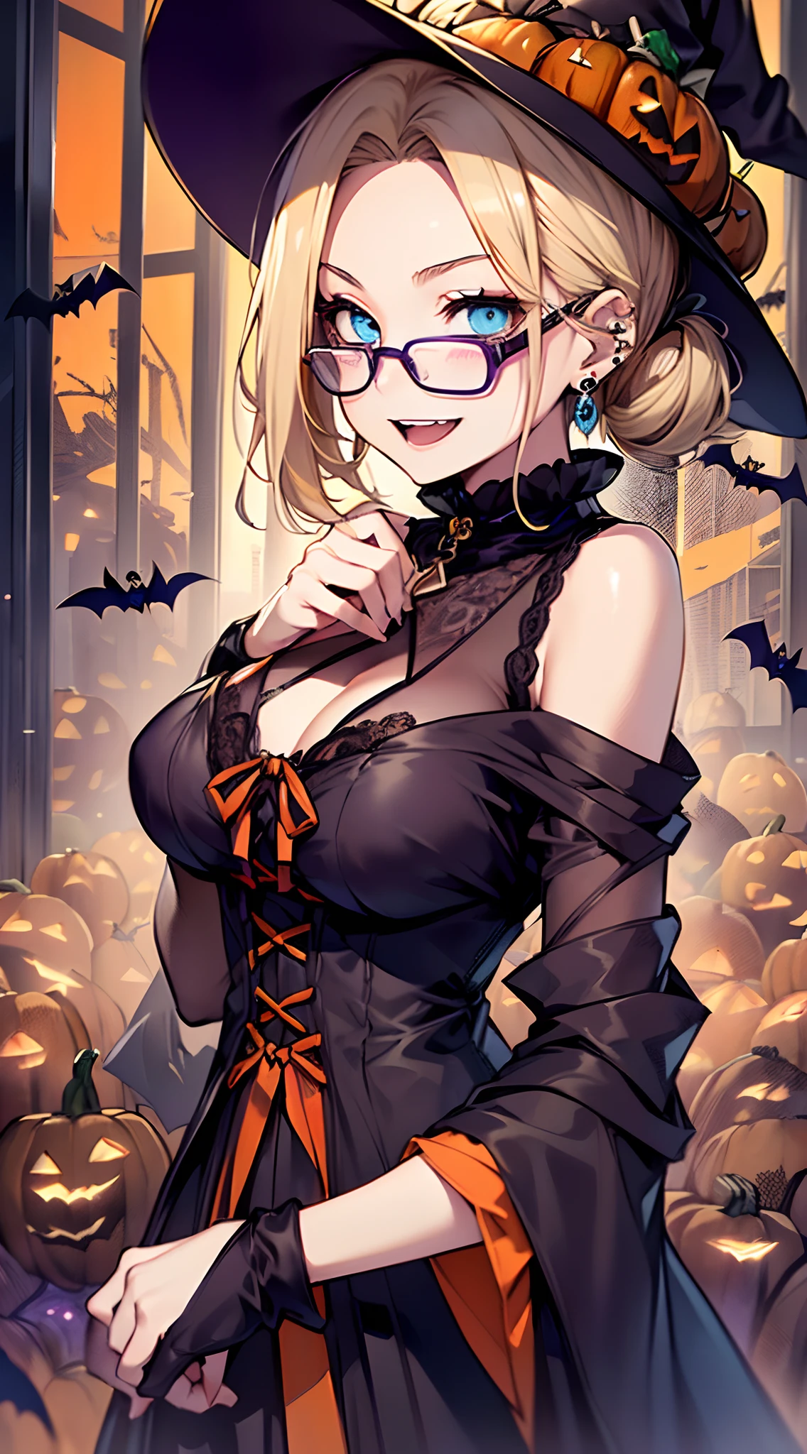 top-quality、Top image quality、masterpiece、girl with((18year old、Witch's attire:1.6、Bust 90、a blond、disheveled ponytail、Blue eyes、open chest wide、Happiness、Ear-piercing))、((Fashion Glasses))A slender、hiquality、(Piece It Piece)、visualart、Background with((Halloween:1.4))、masutepiece