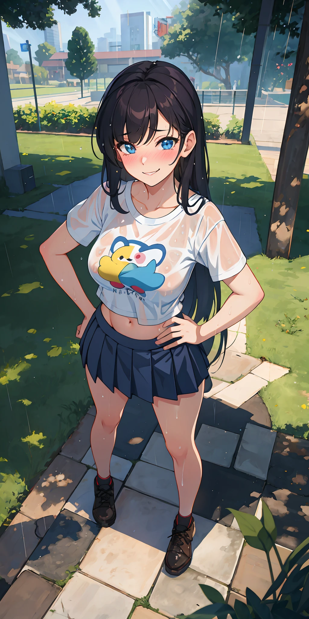 Realistic, outdoor, park, wide angle, raining, soaking wet, 1girl, long hair, shy, smirking, blushed, POV, from above, wide angle, standing, casual clothes, t-shirt, skirt, navel, hand on hip. looking at the viewer, looking at the lens, full body, light rays, glow, (masterpiece), wallpaper