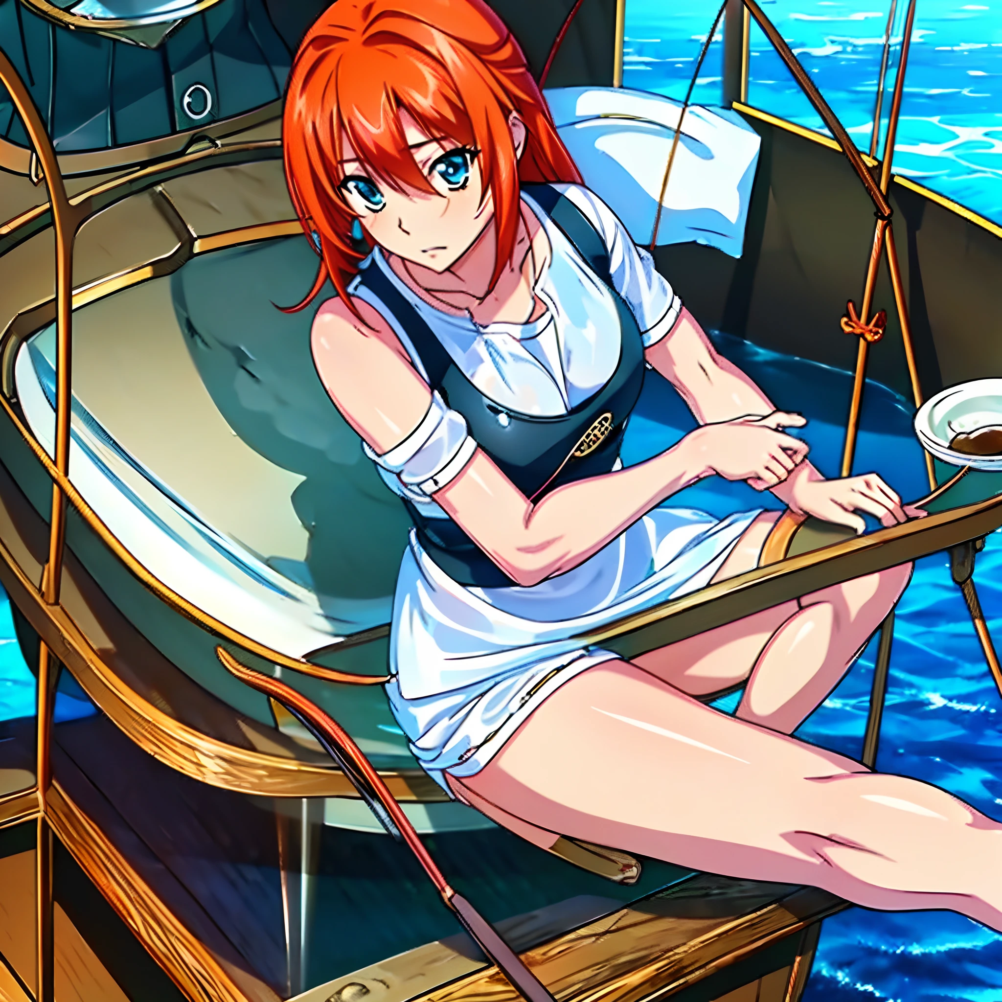 (masterpiece:1.2), best quality, photo of beautiful female fisherman, gingerhair, glittering blue eyes, 30yo, soaked clothes, (on fishing boat:1.3), blue apron over white clothes, dark clouds, Photorealistic, Hyperdetailed, analog style, hip cocked, demure, low cut, detailed skin, soft lighting, subsurface scattering, heavy shadow, masterpiece, best quality, ultra realistic, 8k, Intricate, High Detail, film photography, soft focus