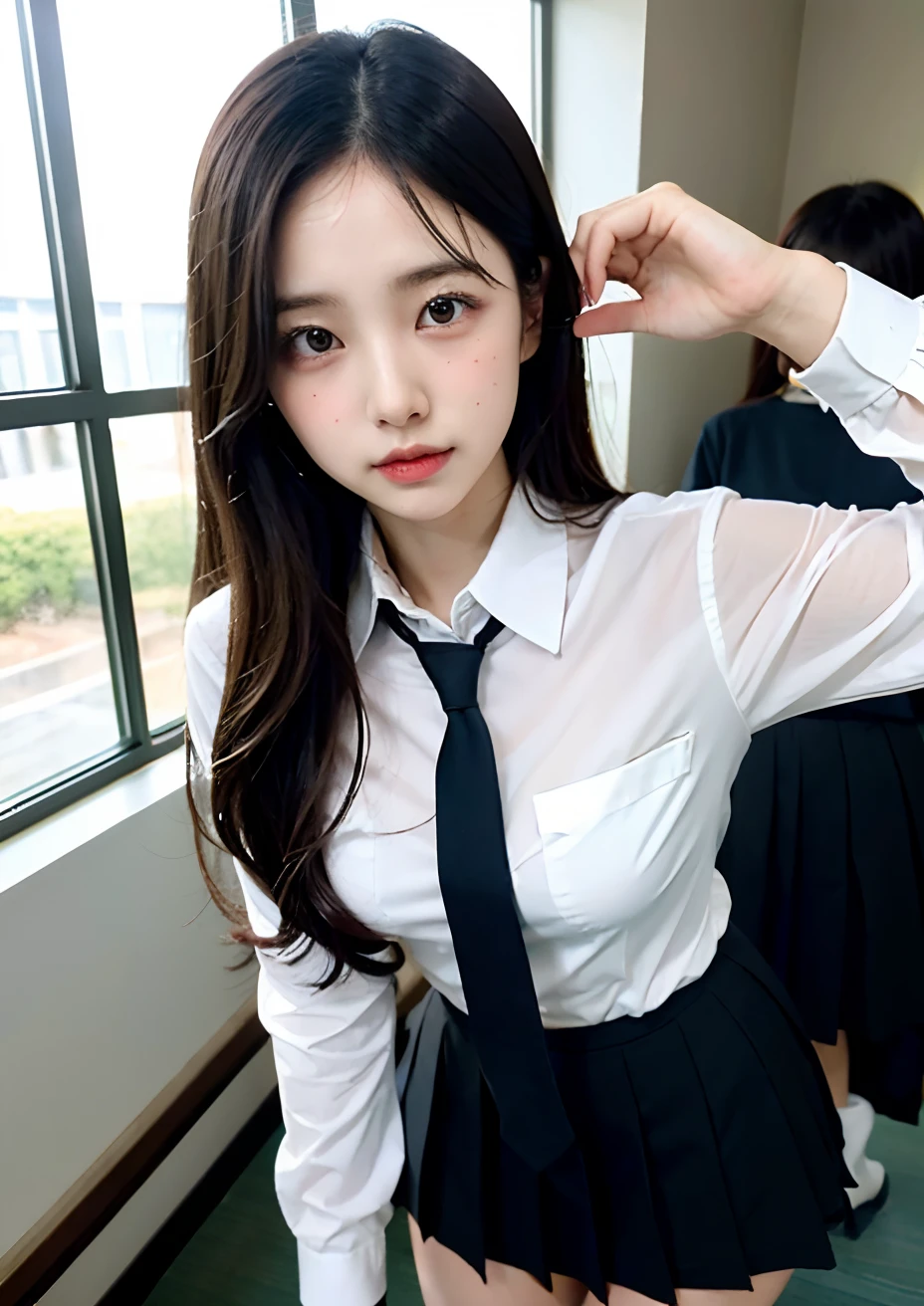 absurdres, RAW photo, extremely delicate and beautiful, masterpiece, Best Quality, ultra high resolution, 32k, hyperrealistic, ultra-detailed, big tits, whole body shot, (school_uniform:1.2),