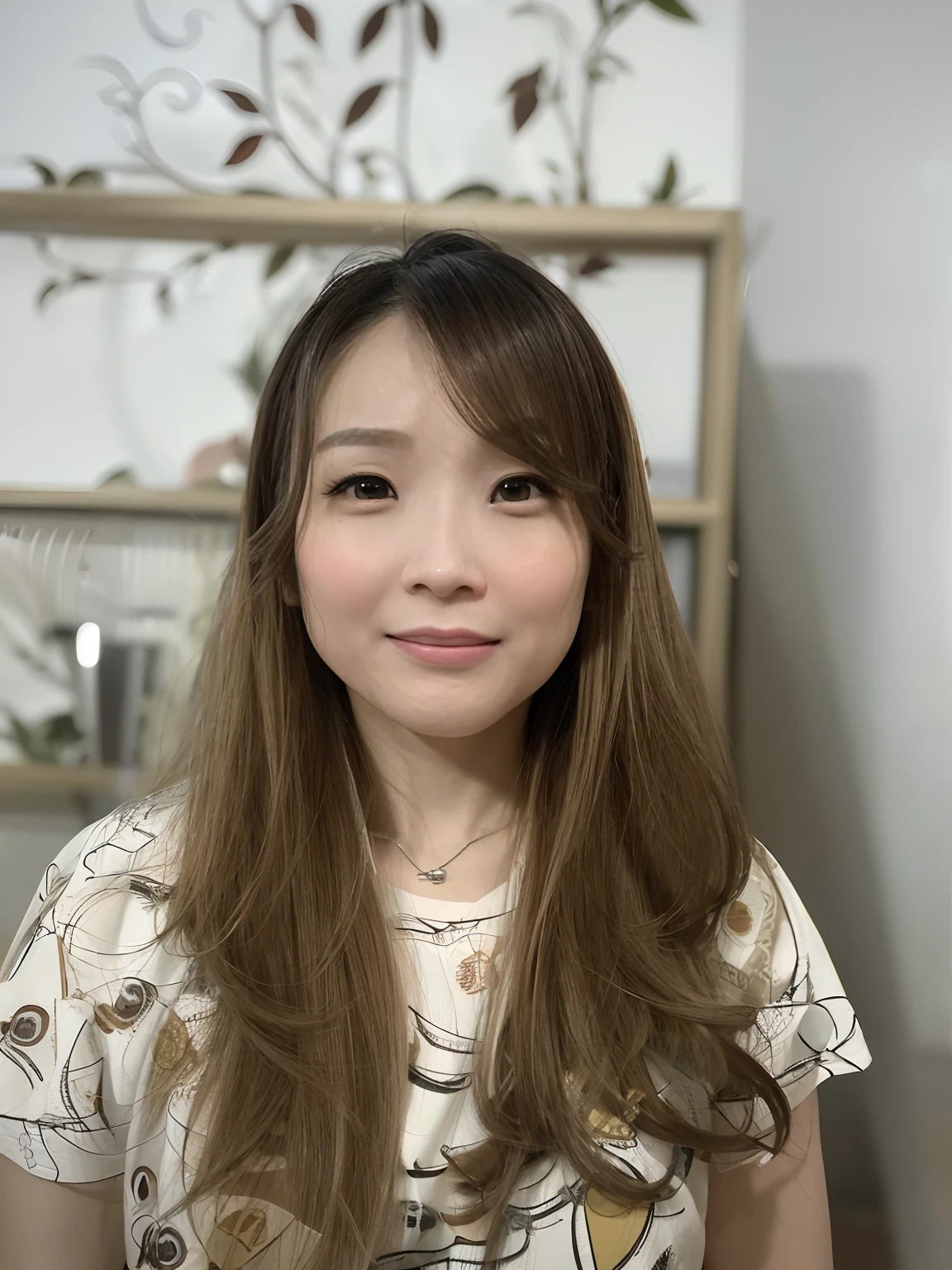 there is a woman with long hair standing in a room, south east asian with round face fat cheeks, joy ang, louise zhang, front portrait, katherine lam, with round face, asian face, smile, slanted eyes, cheeks flushed, jen zee, korean symmetrical face, with medium hair, brown hair, pink lipstick