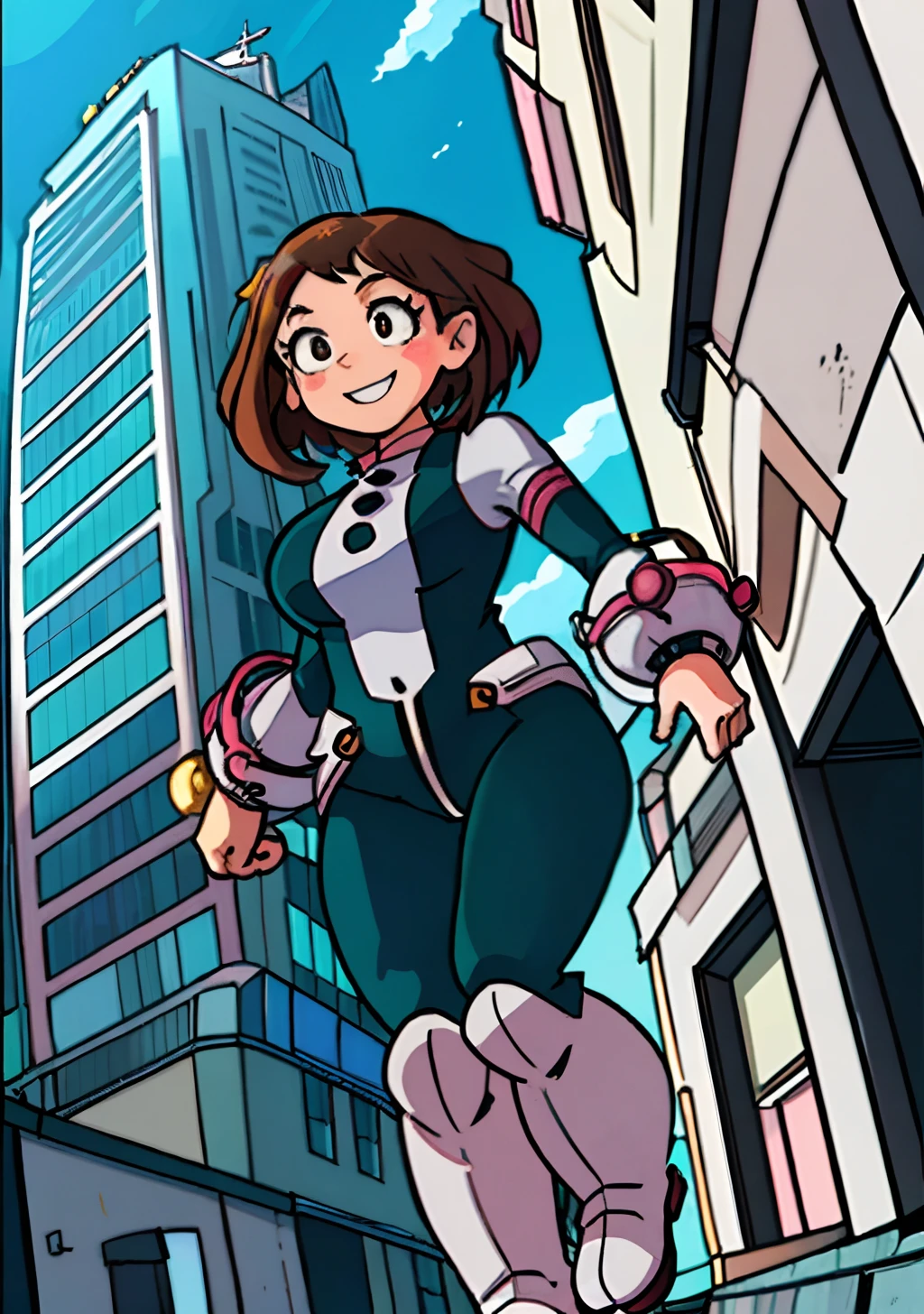 [ochako uraraka; Boku no hero academia], ((high quality)), ((solo portrait)), ((front view)), ((full body)), ((HD)), ((anime)), ((Kohei Horikoshi)), ((detailed shading)), ((intricate details)), {ochako, (rosy cheeks), big round brown eyes, short brown hair, short eyelashes, large boobs, (curvaceous hips), (excited smile)}, {(hero costume), (bodysuit)}, {(standing), (on top of skyscraper), (looking ahead), (hands on hips)}, [Background; (blue sky), (city), (skyscrapers)]
