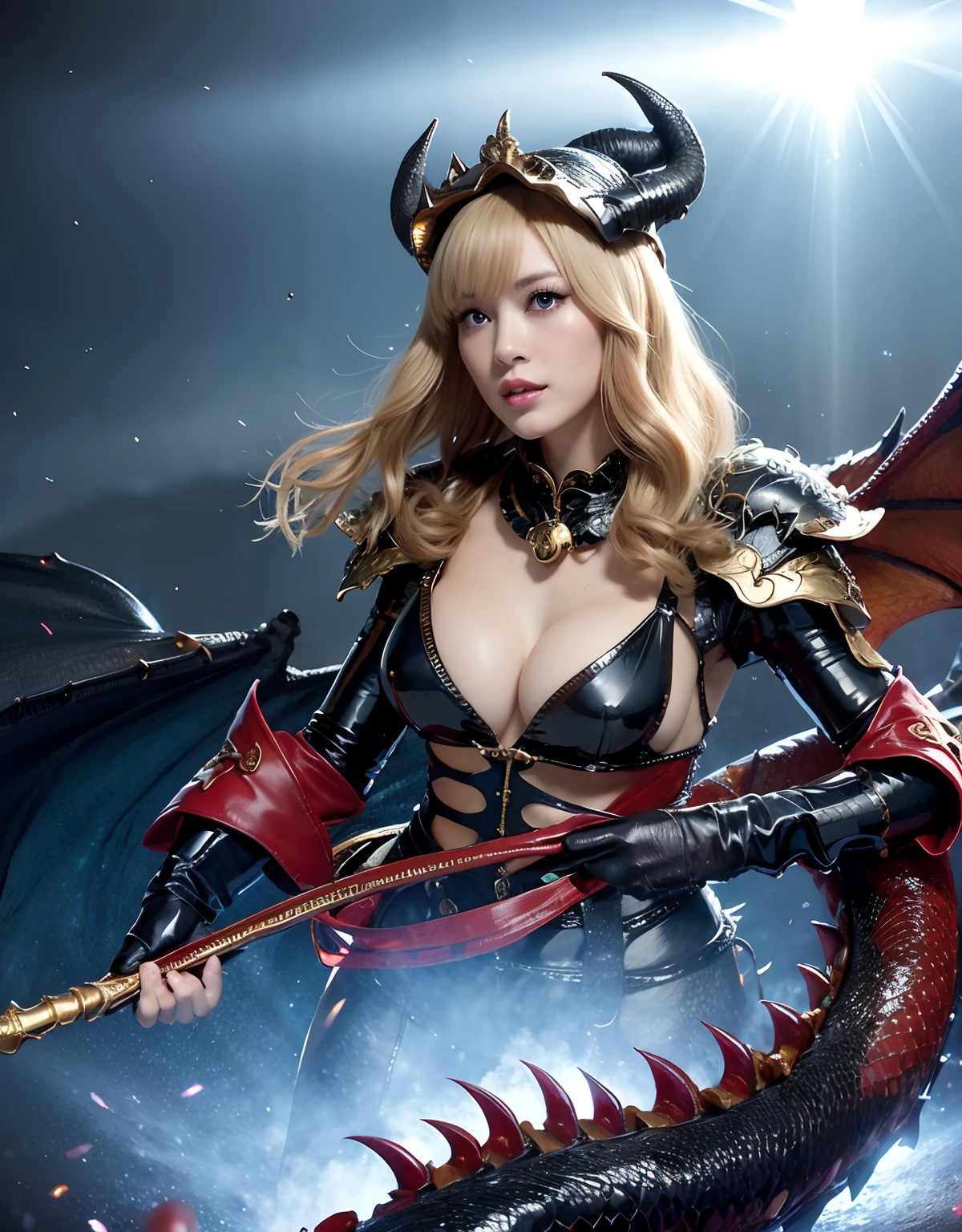 ((World of Darkness)),Professional , masterpiece、top-quality、photos realistic , depth of fields 、(((Fight dragons))),(Dragon Black Metal Body:1.9),(latexwhite、(cleavage of the breast),(Fight dragons)、Full Body Angle、(((Particles of light))),(Micro Bikini Armor:1.7),Gorgeous gold weapons ,(Fight dragons)、Seductive look、The face of the dragon is out、(blood splattere、Armpit、((((With a magic wand))), ) , (((Wearing a silver latex wizard hat))),(demonic wings) ,((a blond))、(Castle background)、((Gangle's forest background))、Beautiful Caucasian beauty、1a person、Armpit、dynamic ungle,(((Detailed Dragon Wizard Hat)))、Smaller head、A smile、Castle background、Thin and beautiful female hands、cleavage of the breast、Soldier in iron armor on background、Mystical expression、Light Effects、intense fighting、Wind-effect、magic circles、With the legendary magic wand、Dragon's tail、explosions、Toostock、Toostock、(Beautuful Women),