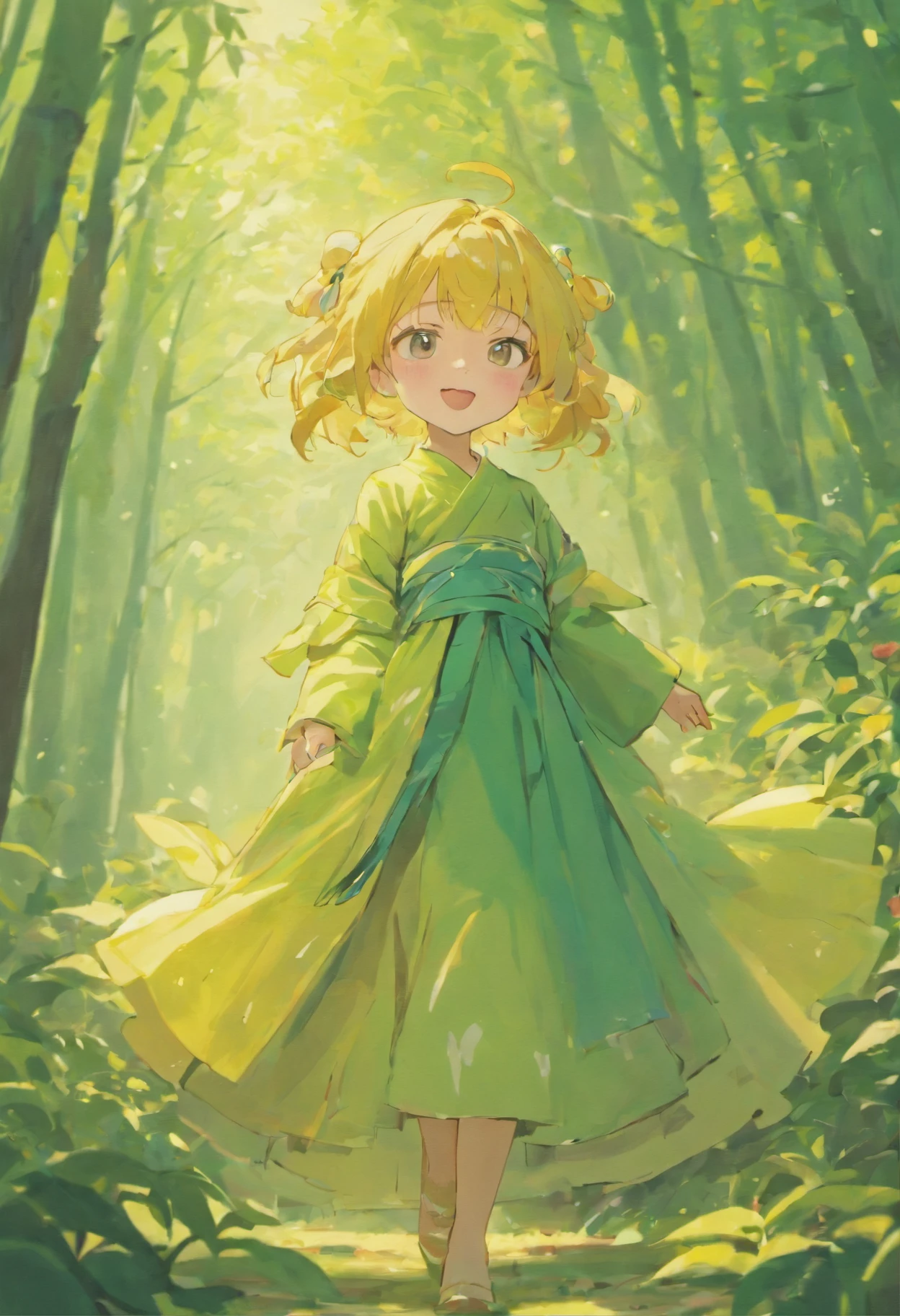 cinematic angle, cute female ,full body,camellia,Hanfu,smile,illustration,paper art,3D render, green forest