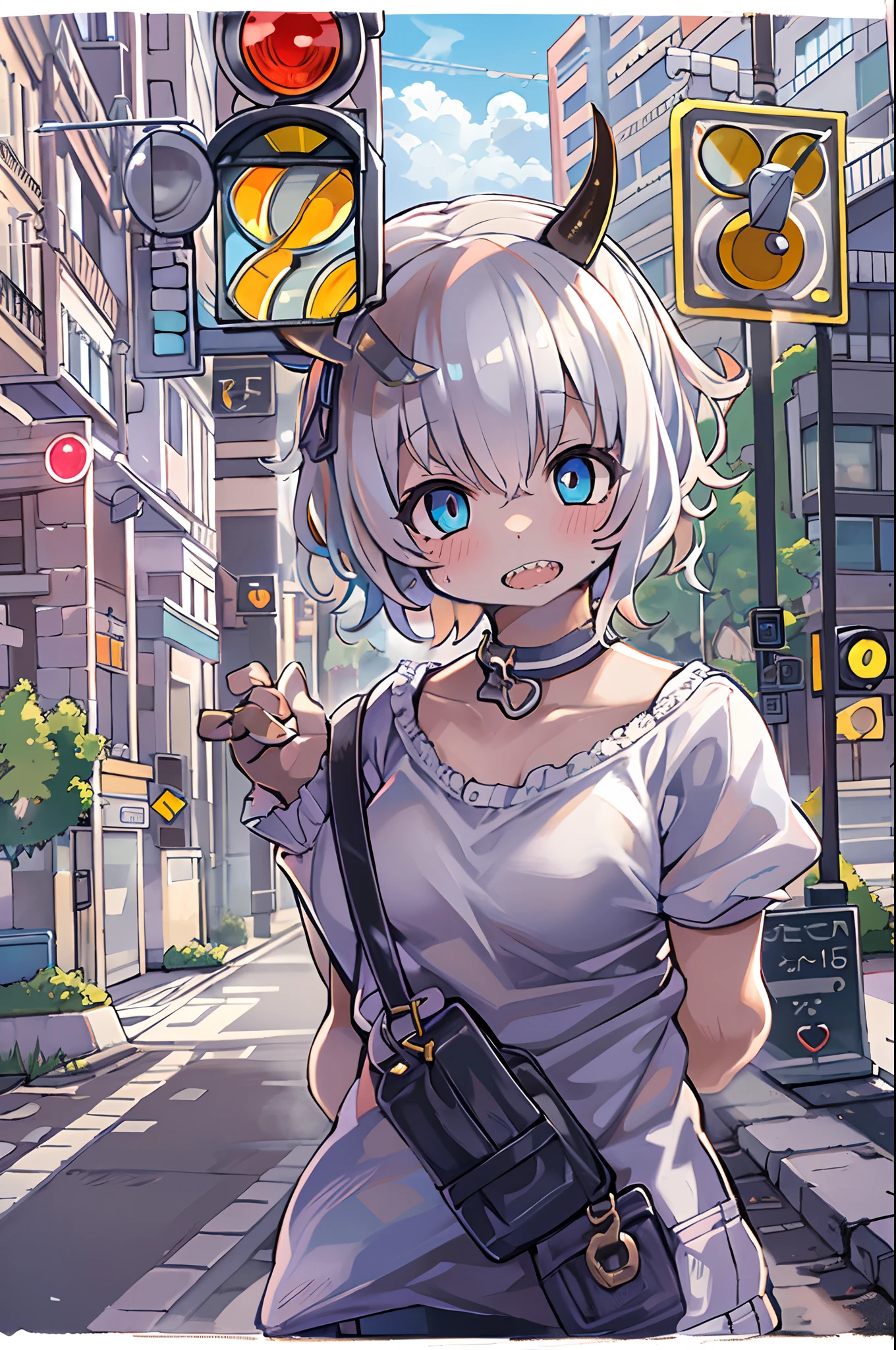 masutepiece, Best Quality, 1girl in,Petite,Small breasts,Short hair,White hair,sharpteeth,tusk,Choker,Blue eyes,Heart shaped pupils,Demon Horns,blush,(plein air,pavement,traffic light,street signs),Looking at Viewer