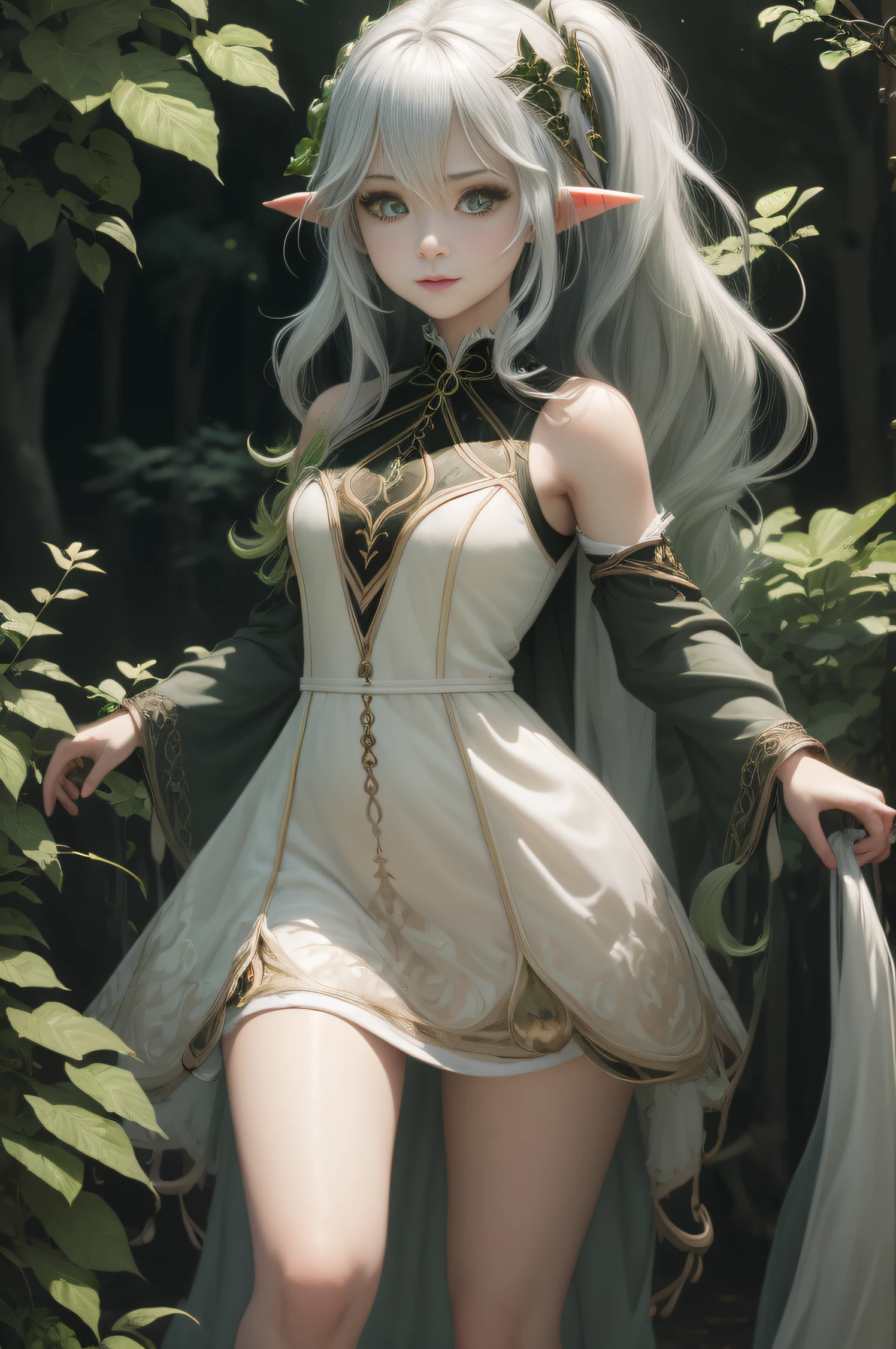 Adult girl standing and looking at the camera, pixie, elf ears, Beautiful elven ears, The girl is dressed in a Gothic dress, Long Dress, floor-length dress, pony tail, High-quality beautiful eyes, beatiful face, High Quality Face, dark sky, Thin, Wet waist, Slender figure, Appearance of the model, confusion, sexuality, Cute beautiful anime woman, detailed digital anime art, beautiful anime girl, beautiful anime girl, Anime with small details, Best Quality, Masterpiece, Ultra-detailed, Beautiful, hight resolution, Original,CG 8K ультрареалистичный, perfect artwork, beatiful face, Face Clean, Skin, hyper realistic, Ultra Detailed, A detailed eye, dramatic lighting, (Realistic) Realistic, Full HD, Best Quality, Best Quality, Beautiful lighting, (8k wallpaper of extremely detailed CG unit), High Details, sharp-focus, The art of dramatic and photorealistic painting, beautiful smile,