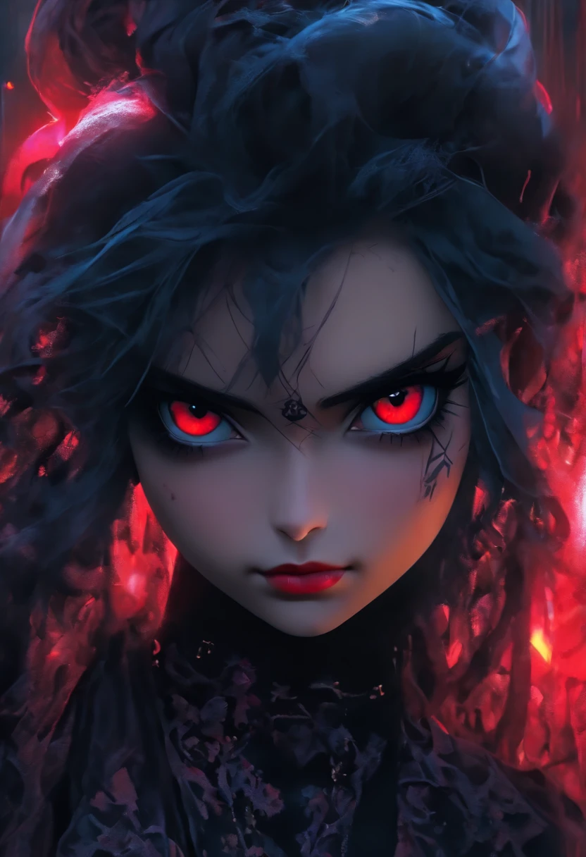 Masterpiece, Best quality, 1 girl, Solo, Natural skin texture, Realistic black eyes and facial details :5),(Dark :1. 4), Deep shadows, Extremely detailed beauty, Detailed eyes and face, sharp black eyes, Red lipstick, No black eyeliner, Detailed gothic costumes, pony tails, Black hair, nikon d850 film, Surreal, Authentic textures, Dramatic, lighting, illusory engine, (facial clarity :1). 5), (Transparent clothes :1); 1) Gothic style, Black lace, tattoo