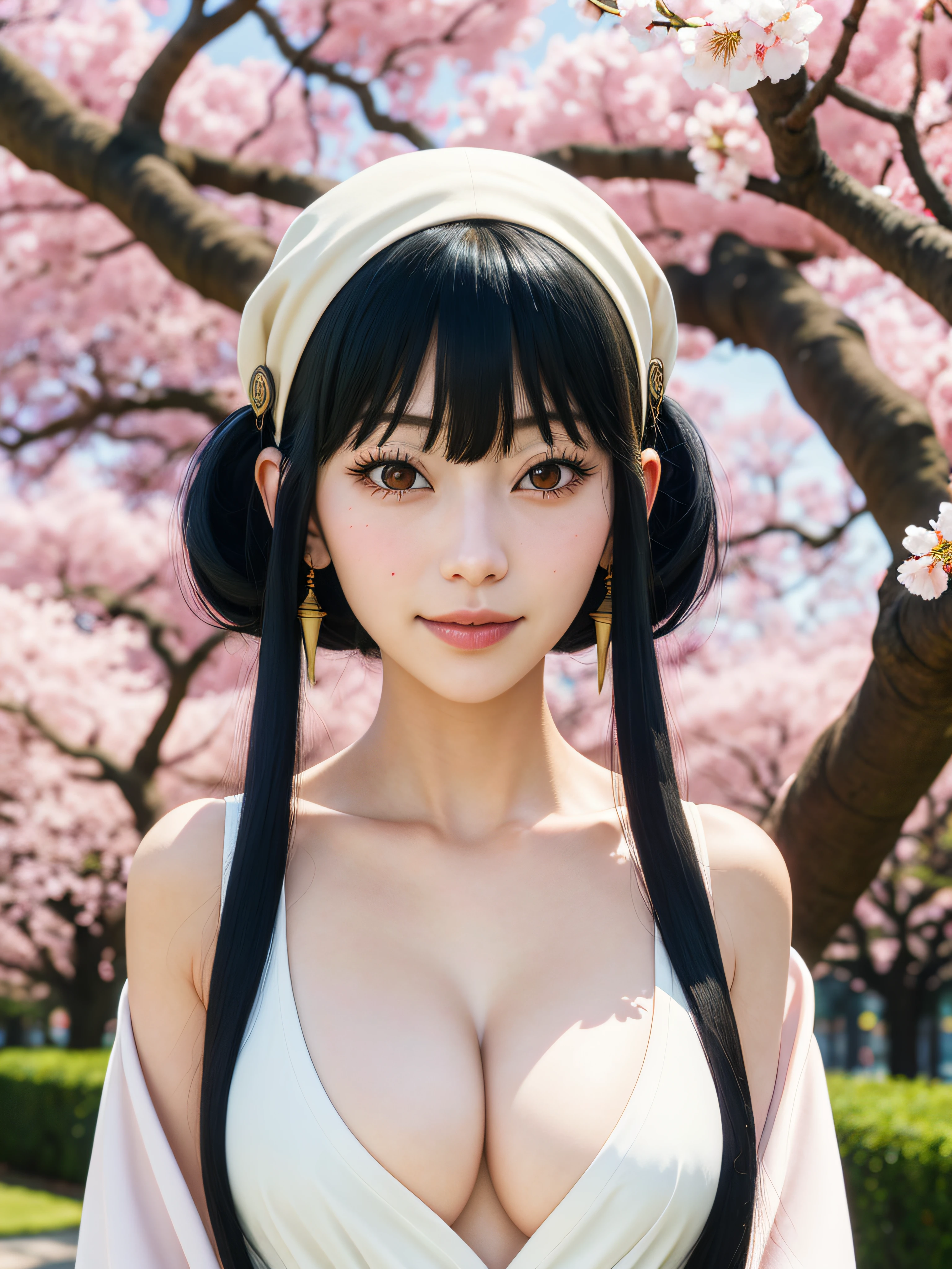 yor, young female, bangs, side locks, Red eyes, Black hair, hair adornments, Huge breasts,sportrait, (face:1.2), schoolgirls, ssmile,bare shoulders, Black hair, cherry blossom, cleavage, (Robe:1.21), 鎖骨, Willow Branch, (masterpiece best quality :1.2),