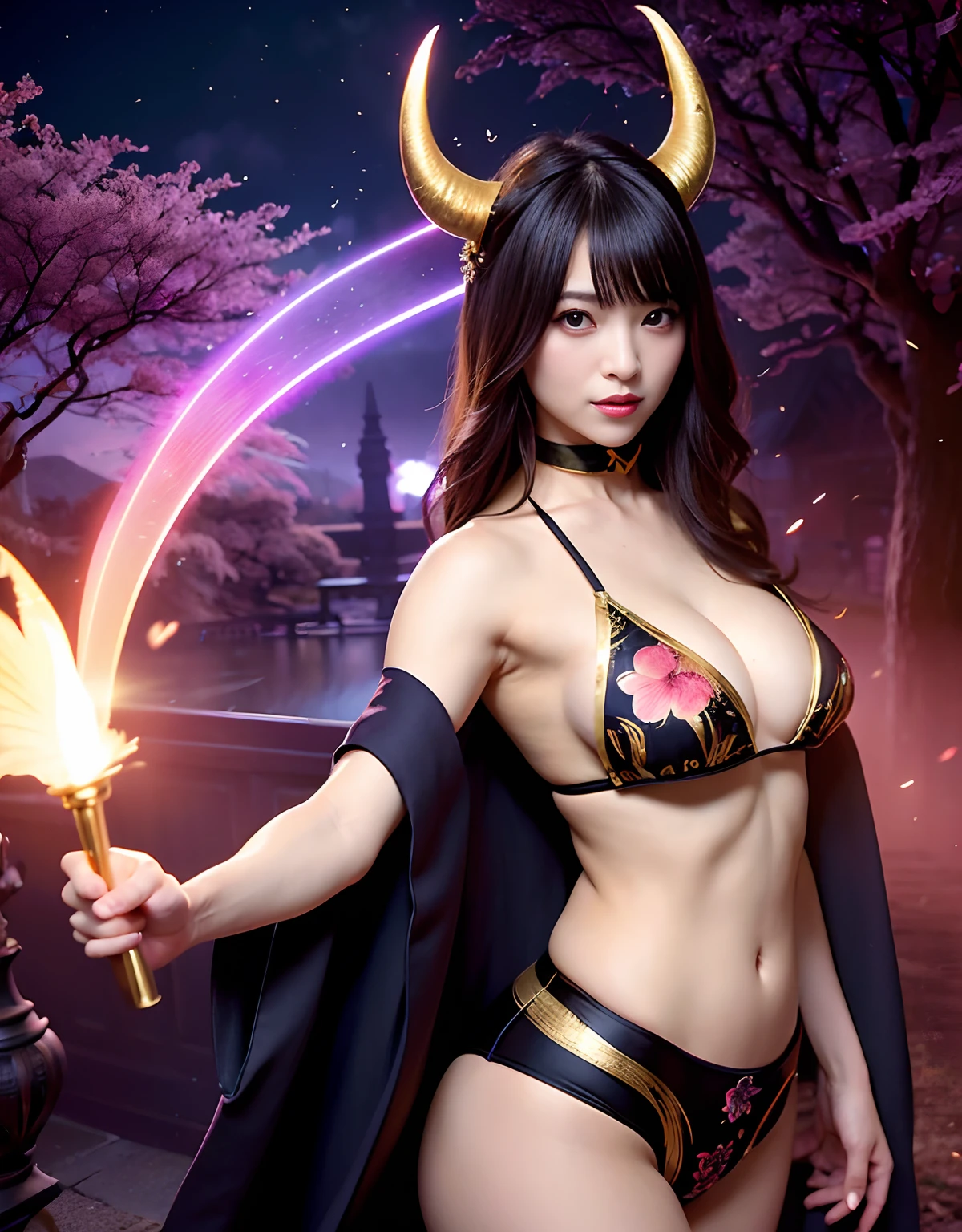 ((World of Darkness)),Professional , masterpiece、top-quality、photos realistic , depth of fields 、(sexypose)、(Background of cherry blossoms in full bloom),(Ultimate Beauty)、A dark-haired、(White bikini armor)、(Kimono with beautiful pattern)、(Night background)、((a dark night)),(Wear a beautiful kimono),(Wear a beautiful kimono with colorful floral patterns)、Jewel Gold Weapon、Particles of light),(Has a devil's mask)、Gorgeous gold weapons ,(( Gorgeous Dragon Sword)) , (a dark night),,(maikurobikini) 、((Black Haired Beautiful Girl))、(Castle background)、(demonic wings)、((Gangle's forest background))、Beautiful Caucasian beauty、1a person、dynamic ungle,(((Two devil's horns on the head)))、Smaller head、Idle Smile、Thin and beautiful female hands、Mystical expression、Light Effects、intense fighting、Wind-effect、magic circles、With the legendary magic wand、Dragon's tail、Anatomically correct fingers、