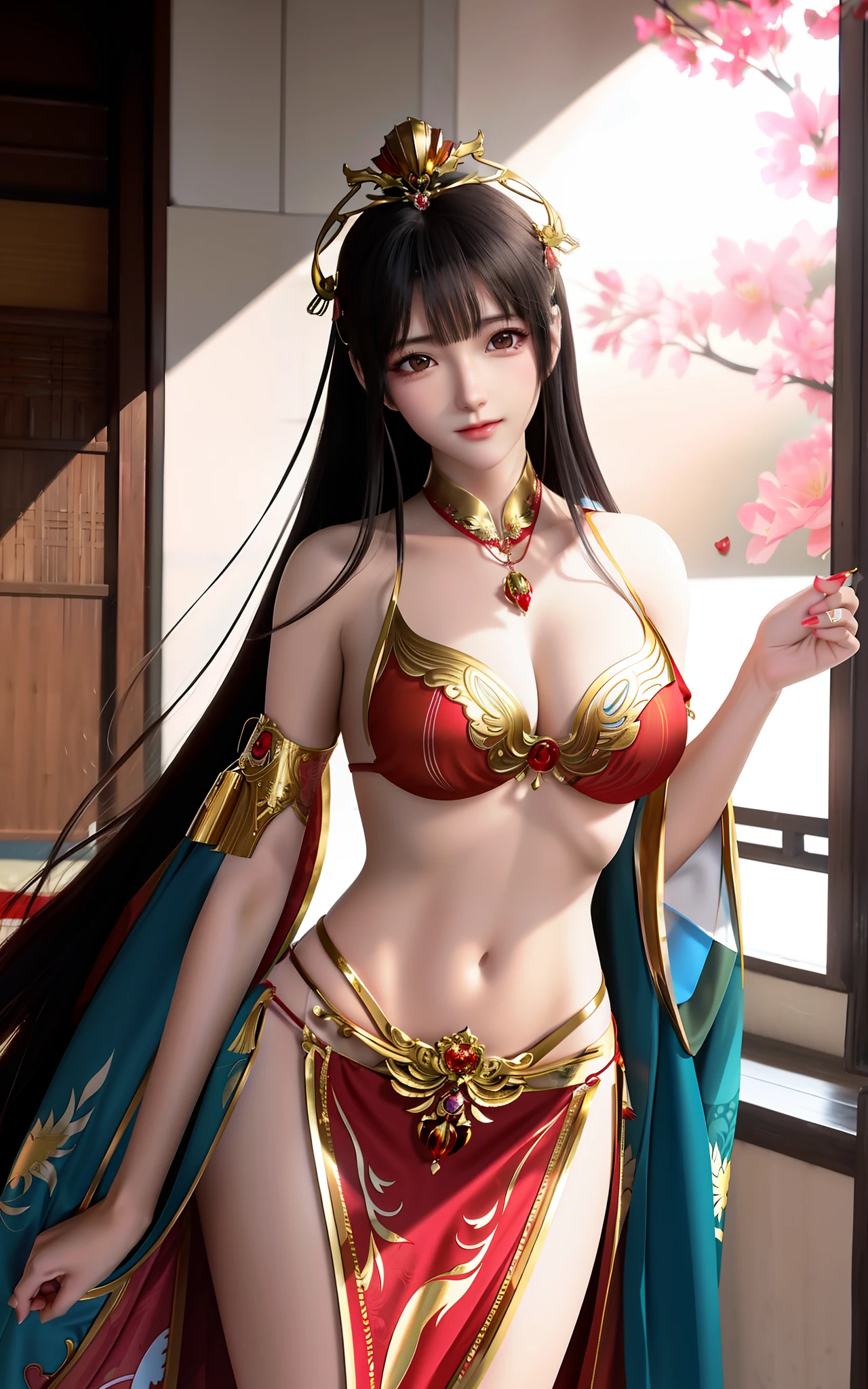 red bikinis，Silk material，ellegance，Unique charm，Graceful posture，Sexy lines，exquisite design，high-necked，fitted cut，Slender neck，As graceful as a swan，red colour，Warm and auspicious，Gold pattern，Gorgeous and luxurious，Golden decoration，Bright colors，Thin gold belt，Slim waist，Feminine beauty，Comely，Flowers with buds to be placed，Seduce the heart，Playful，Traditional charm，Modern fashion，Classical erotic appeal，Admiration and admiration，beautiful and seductive anime woman, seductive anime girls, Beautiful anime woman, Beautiful anime girl, Anime goddess, Guviz, a beautiful fantasy empress, ((a beautiful fantasy empress)), attractive anime girls, Guviz-style artwork, Smooth anime CG art, Japanese goddess,Close-up, bust chart
