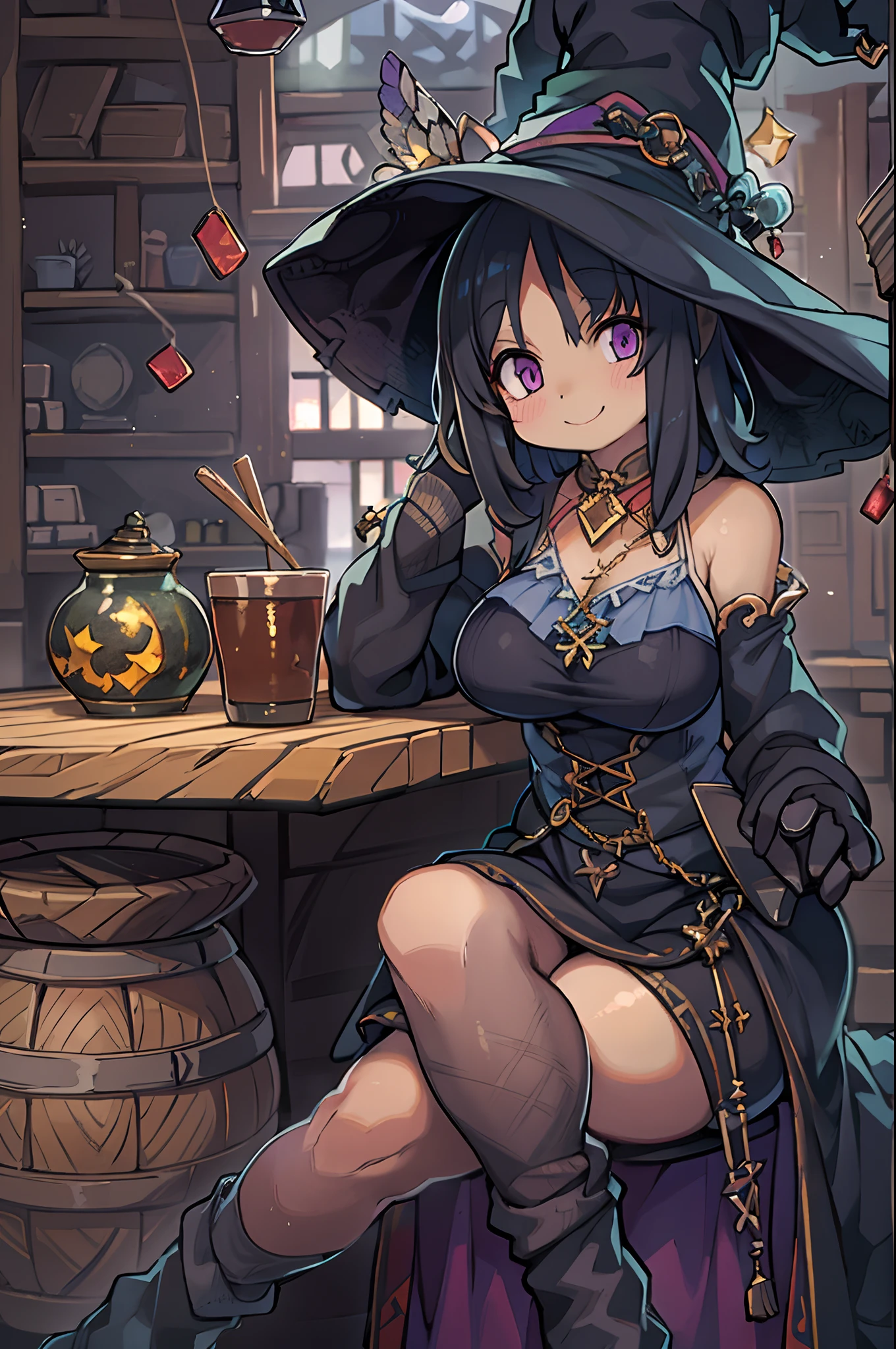 beautiful witch female, With short black hair, Purple eyes, Big Bust, Dressed witch's clothes, Sitting in a tavern and smiling, Realistic, Full-HD, Best Quality