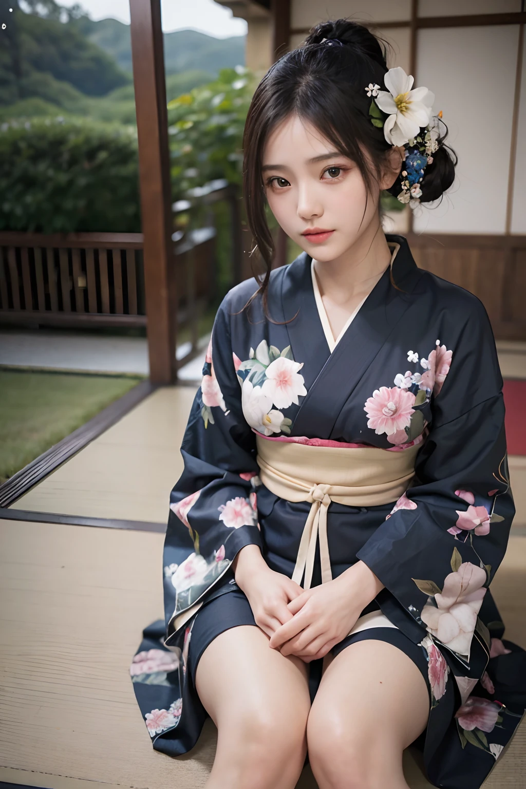 (Photorealsitic:1.4), (Top image quality:1.0), (超A high resolution:1.0), 8K, RAW photography, (tmasterpiece:0.2), (PureErosFace_V1:0.5)、(best quality detail:1.2)、hentail realism、8K Ultra HD、A high resolution、(1girl in:1.2)、The ultra-detailliert、High quality textures、intricately details、detaileds、Very detailed CG、High quality shadows、Detail Beautiful delicate face、Detail Beautiful delicate eyes、depth of fields、Ray traching,1girl in, japanaese girl, Cute, Slender, black kimono, kimono with Japanese pattern,Floral curls, Beautiful skin, facing the front there,Sit down, Sit up straight and say thank you,Align your hands gracefully,A faint smile The land of Japan,Japanese Garden,Deluxe Japanese-style room, skyporn, magic hour, (Realistic:1.3), finely detailed, quality, (masutepiece:1.2), (Photorealistic:1.2), (Best quality), (Intricate details), Dramatic, Ray tracing, photographed, +Lola