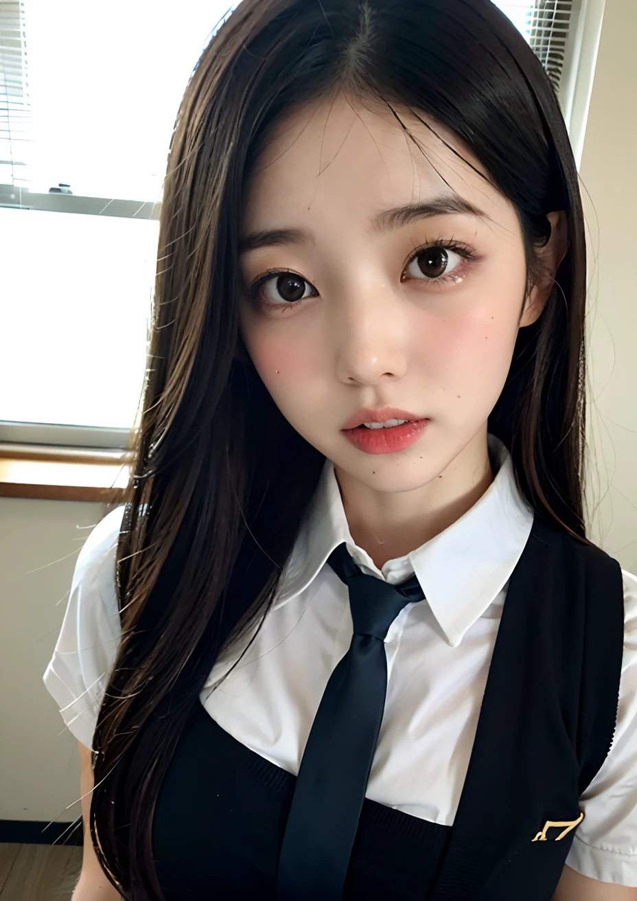 There is a woman taking a picture wearing a tie and skirt, japanese girl school uniform, aya takano color style, wearing japanese school uniform, hana yata, Ayaka, Sui Ishida, Aya Takano, Japan school uniform, Shiori Teshirogi, Ayami Kojima Amano, Rin, Erika Ikuta, Rei Hiroe、High School Classroom、Well-groomed eyes、sensual bodies、Uniform is wet with sweat、Extraordinary beauty、huge-breasted、